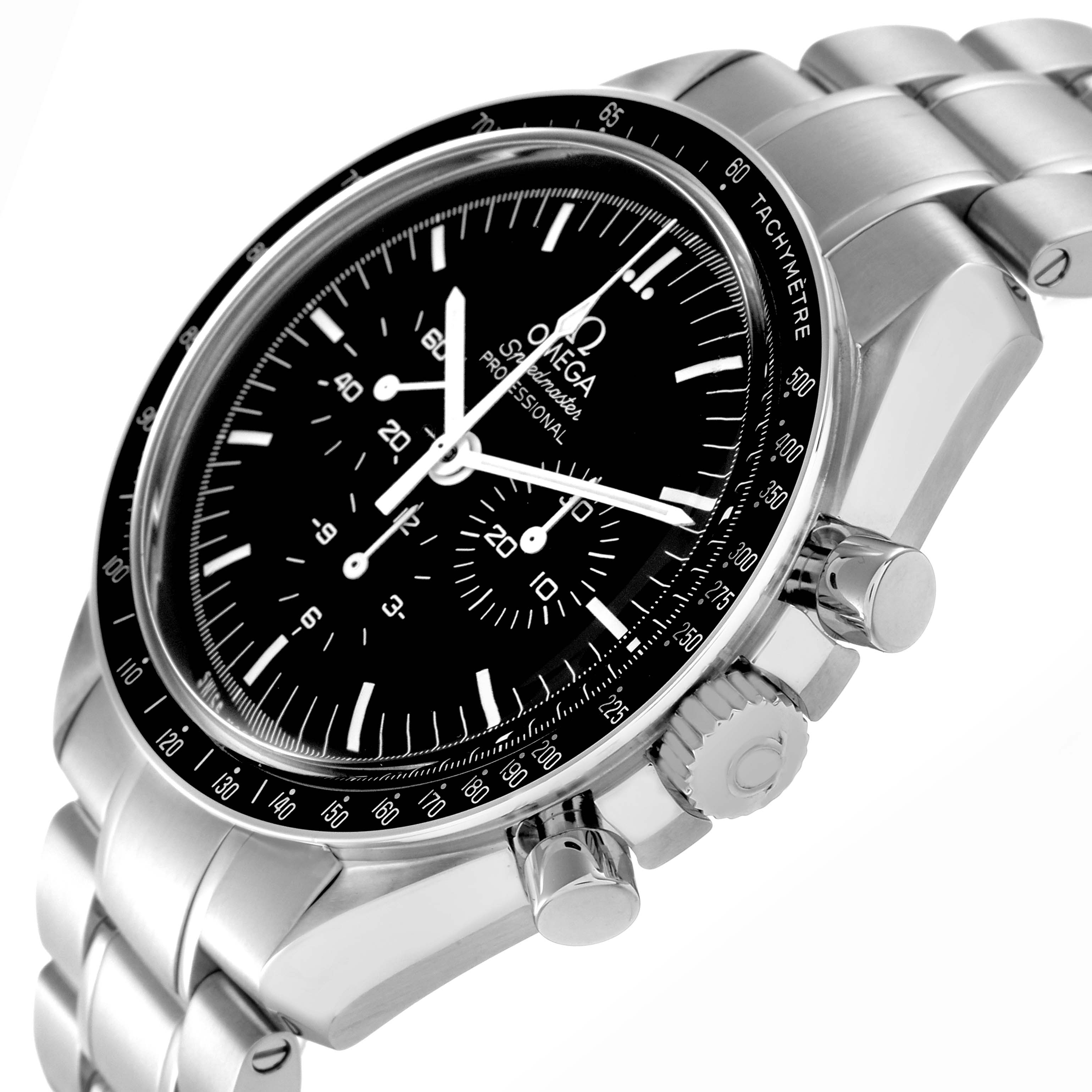 The Omega Speedmaster model 311.30.42.30.01.005 is shown at an angle highlighting the bezel, dial, crown, and bracelet.