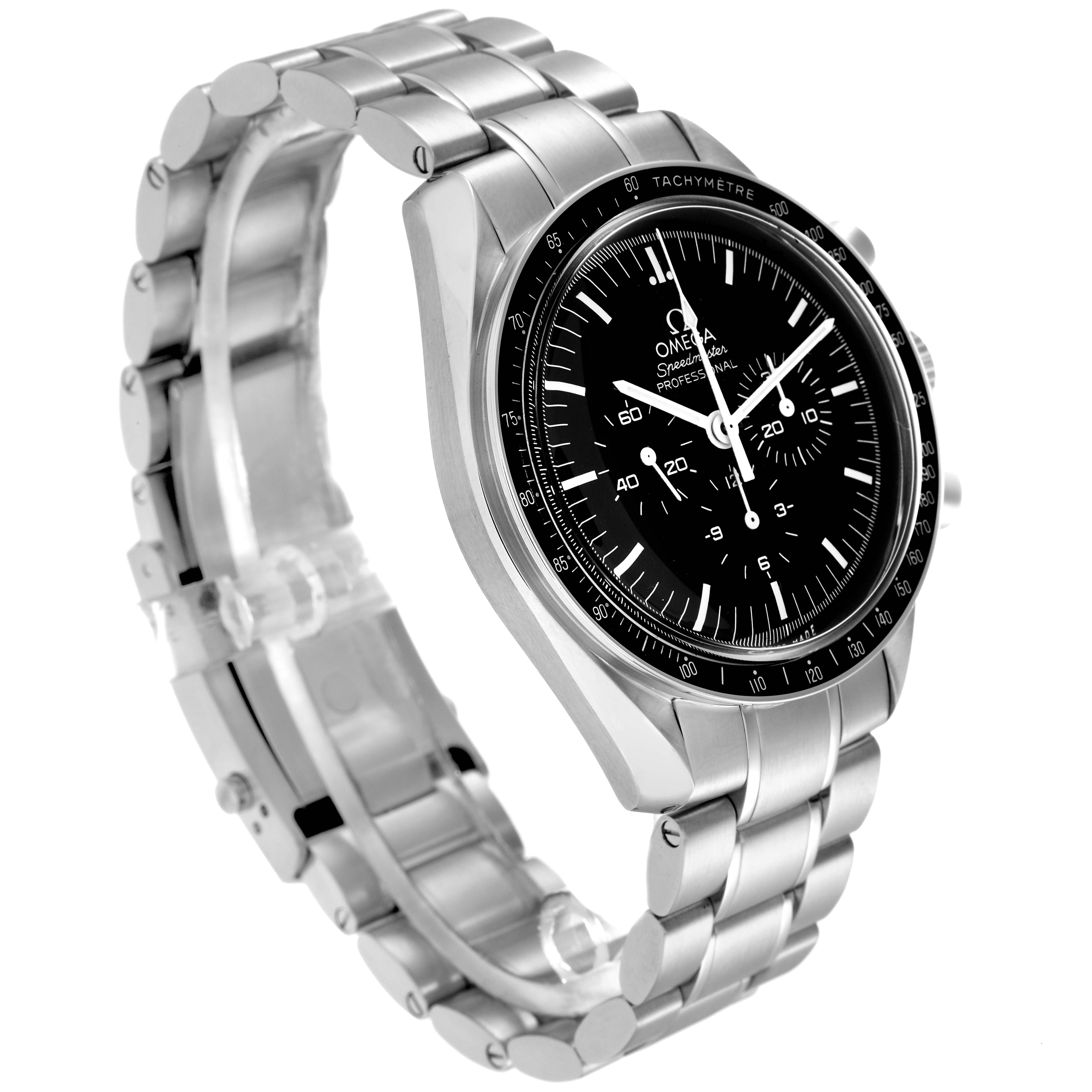 The Omega Speedmaster model 311.30.42.30.01.005 is shown at a front-side angle, highlighting its dial, bezel, and stainless steel bracelet.