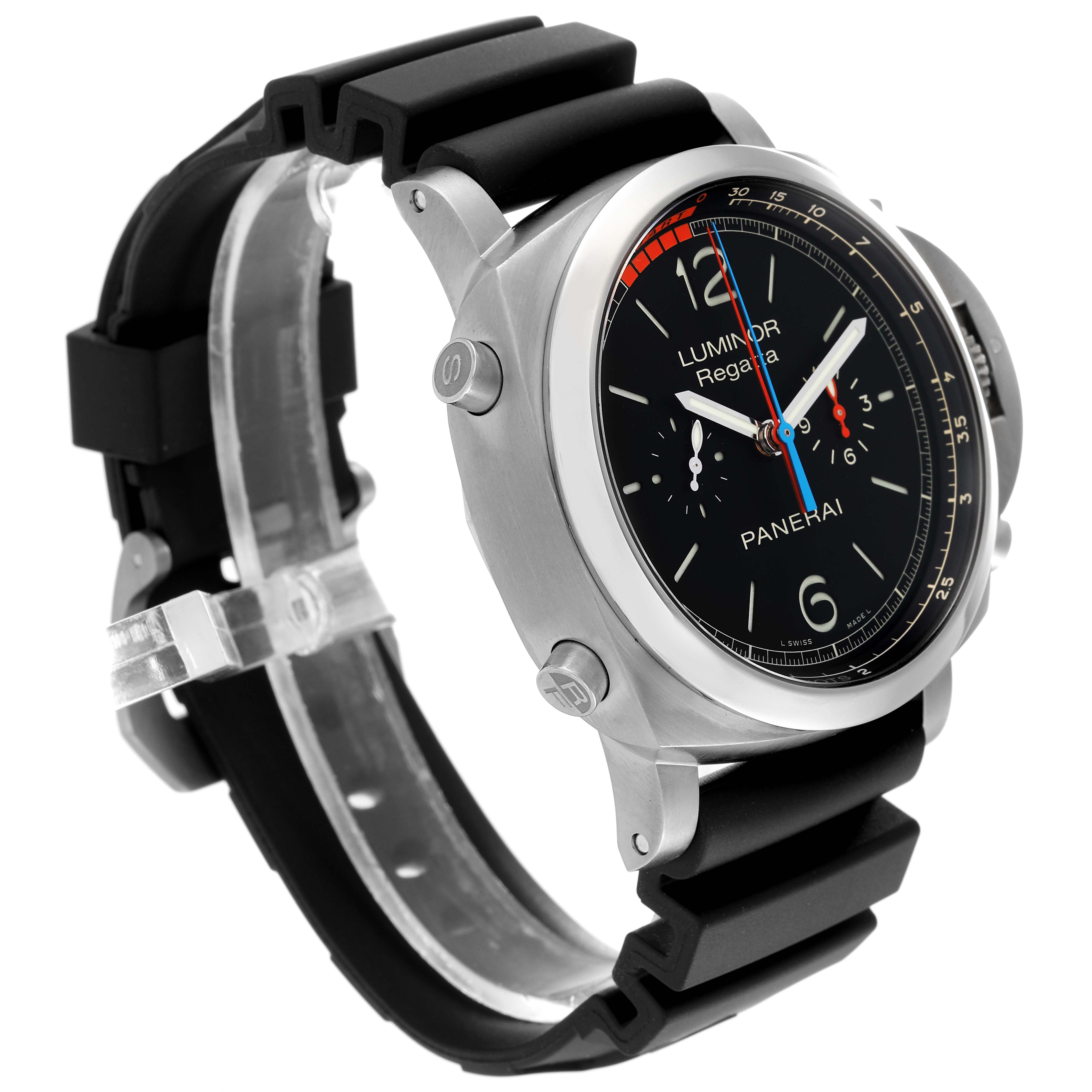 The image shows a Panerai Luminor PAM00526 Men's Titanium Black Dial PAM00526 Men's Titanium Black Dial model watch at an angle highlighting the face, bezel, and black rubber strap.