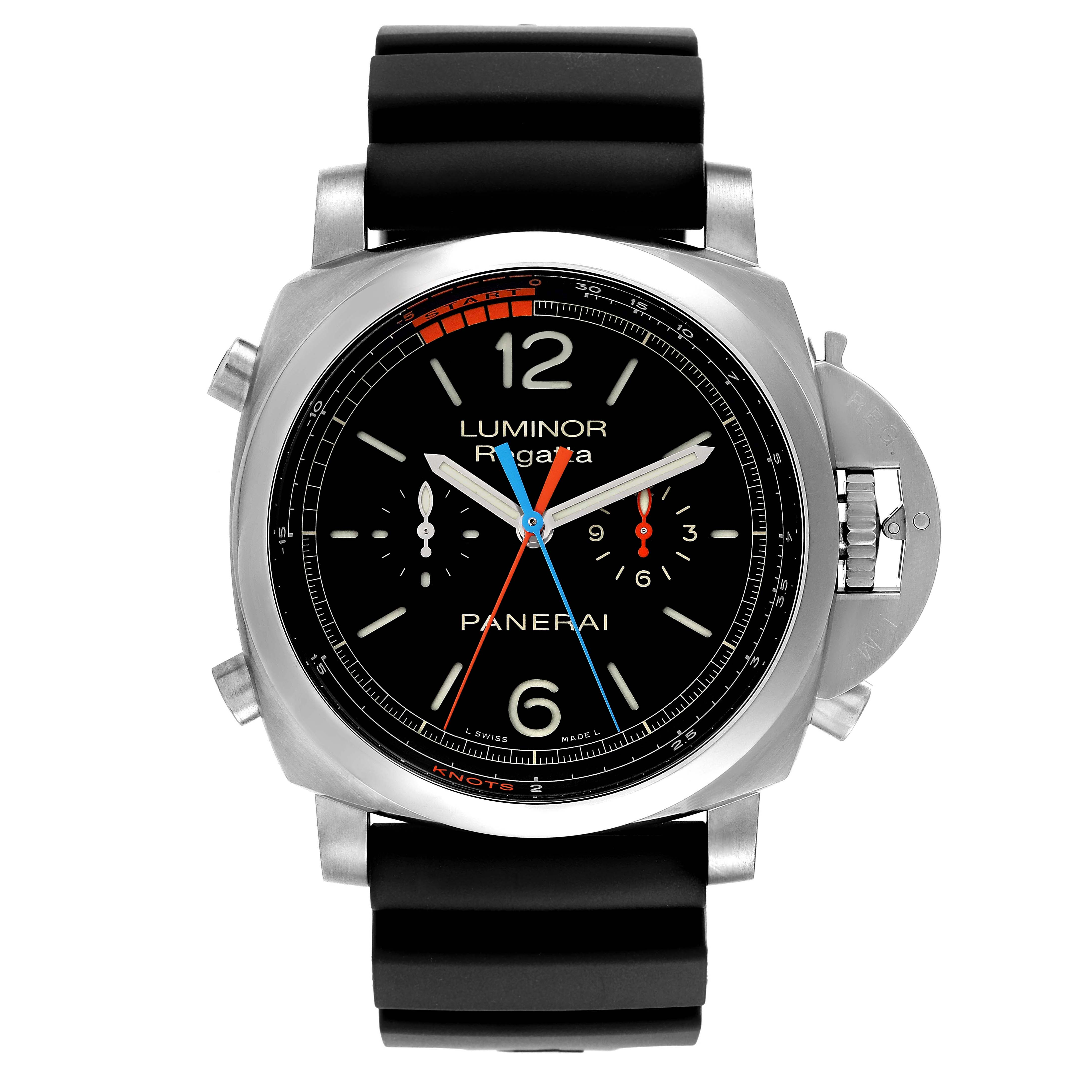 The image shows a front view of a Panerai Luminor PAM00526 Men's Titanium Black Dial PAM00526 Men's Titanium Black Dial model, featuring the dial, crown guard, and rubber strap.