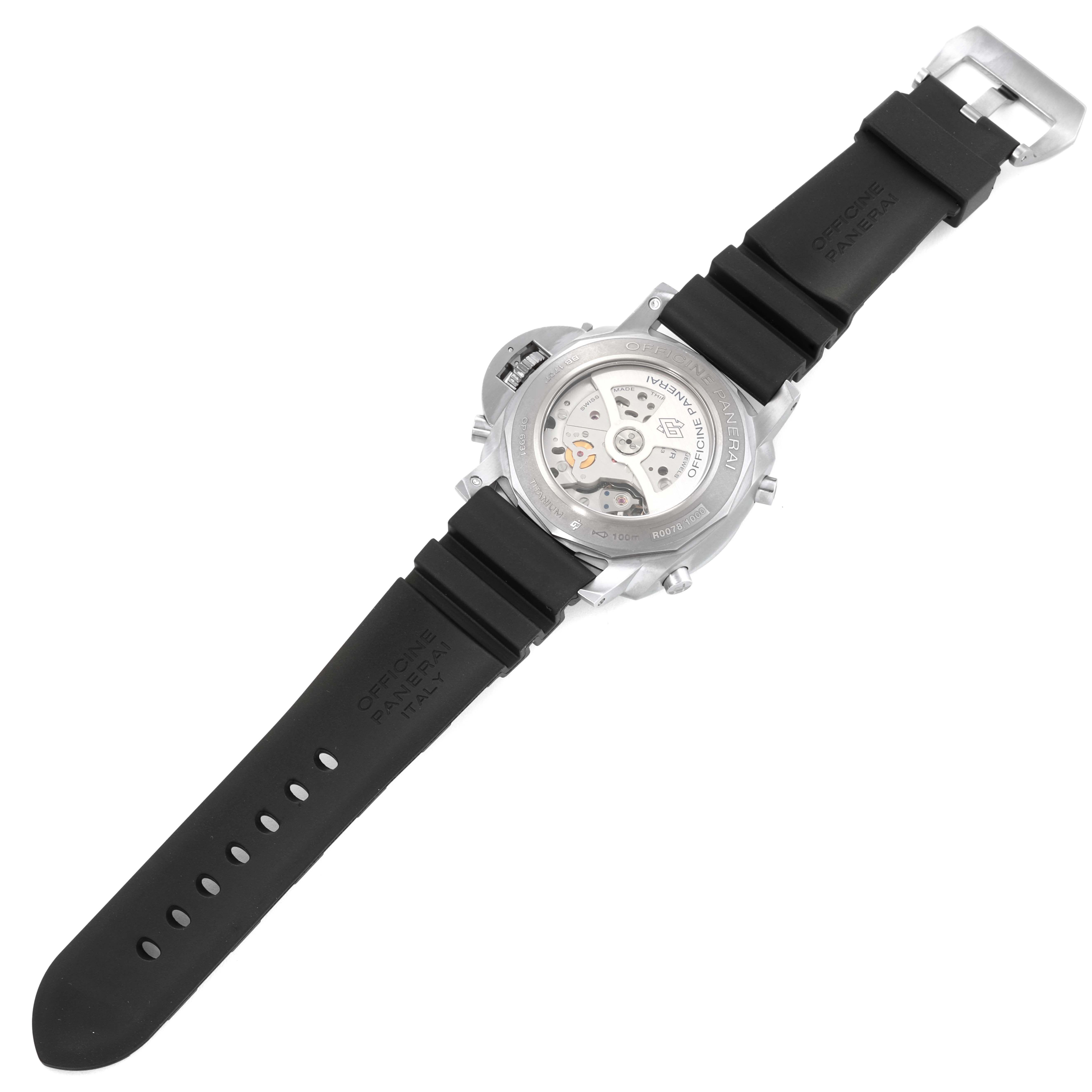 The image shows the rear view of a Panerai Luminor PAM00526 Men's Titanium Black Dial PAM00526 Men's Titanium Black Dial watch, highlighting its transparent case back and black strap.