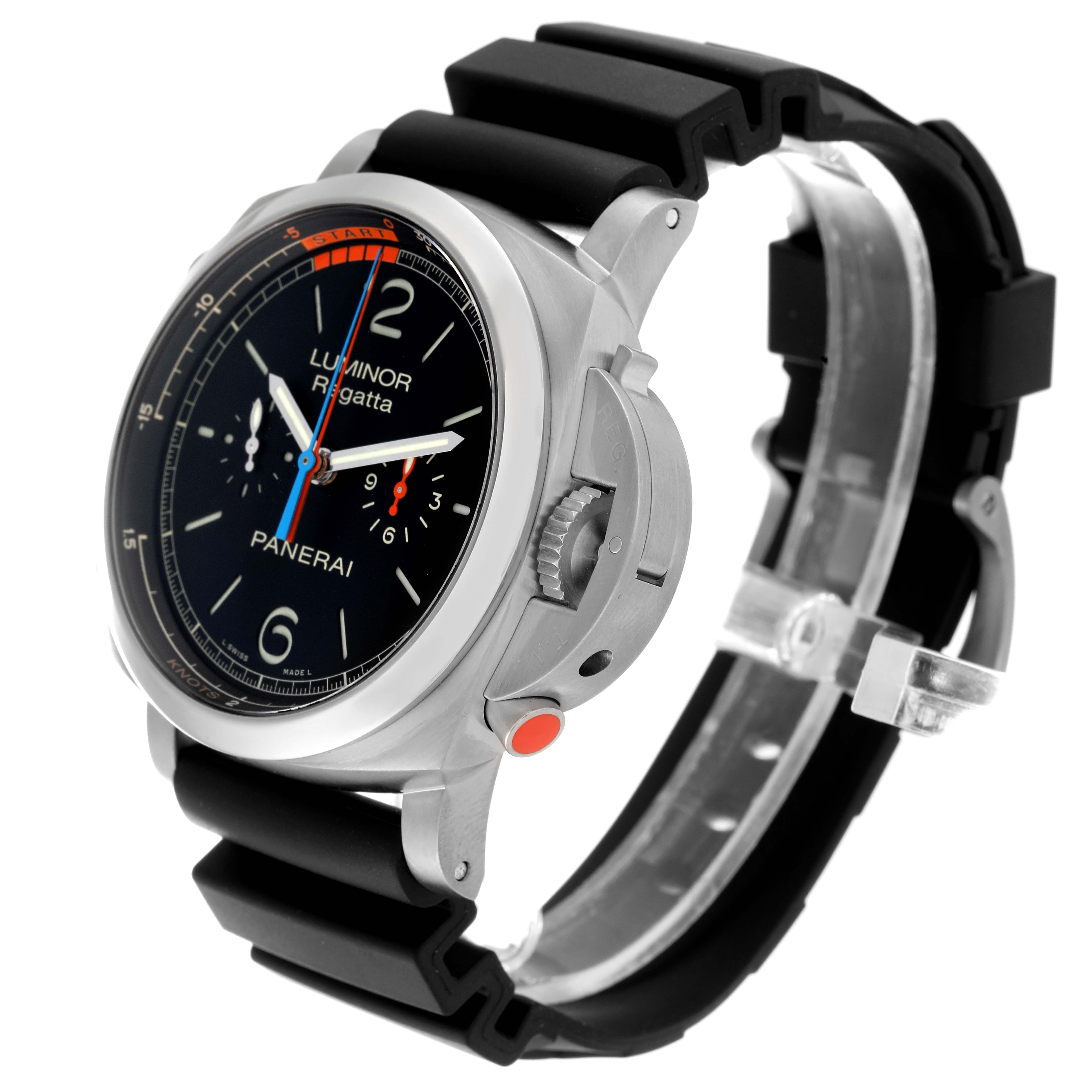 The image shows a Panerai Luminor PAM00526 Men's Titanium Black Dial PAM00526 Men's Titanium Black Dial Regatta watch at a three-quarter angle, featuring its black strap, bezel, and dial.