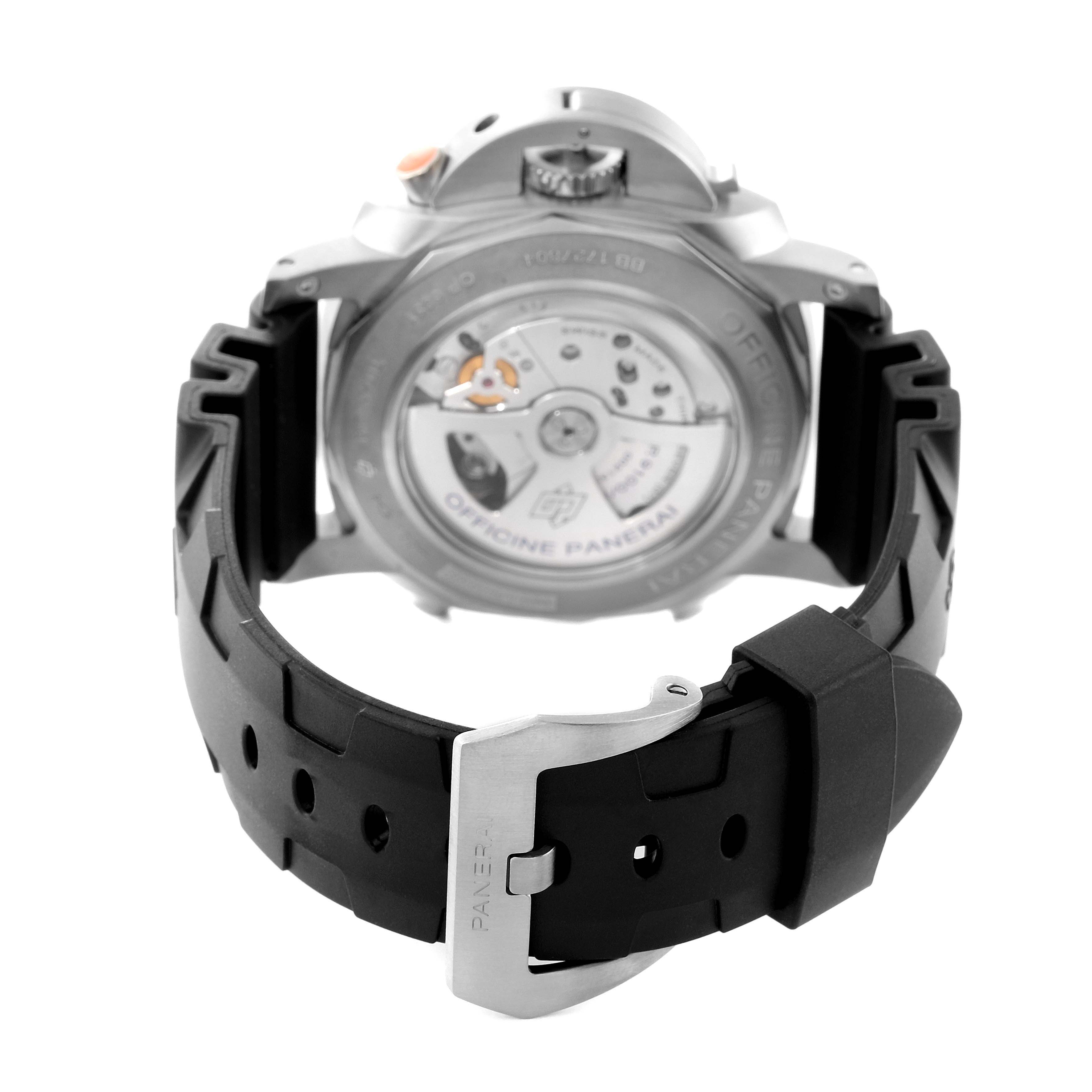 This image shows the back view of a Panerai Luminor PAM00526 Men's Titanium Black Dial PAM00526 Men's Titanium Black Dial watch, highlighting its transparent case back and black rubber strap with a buckle.