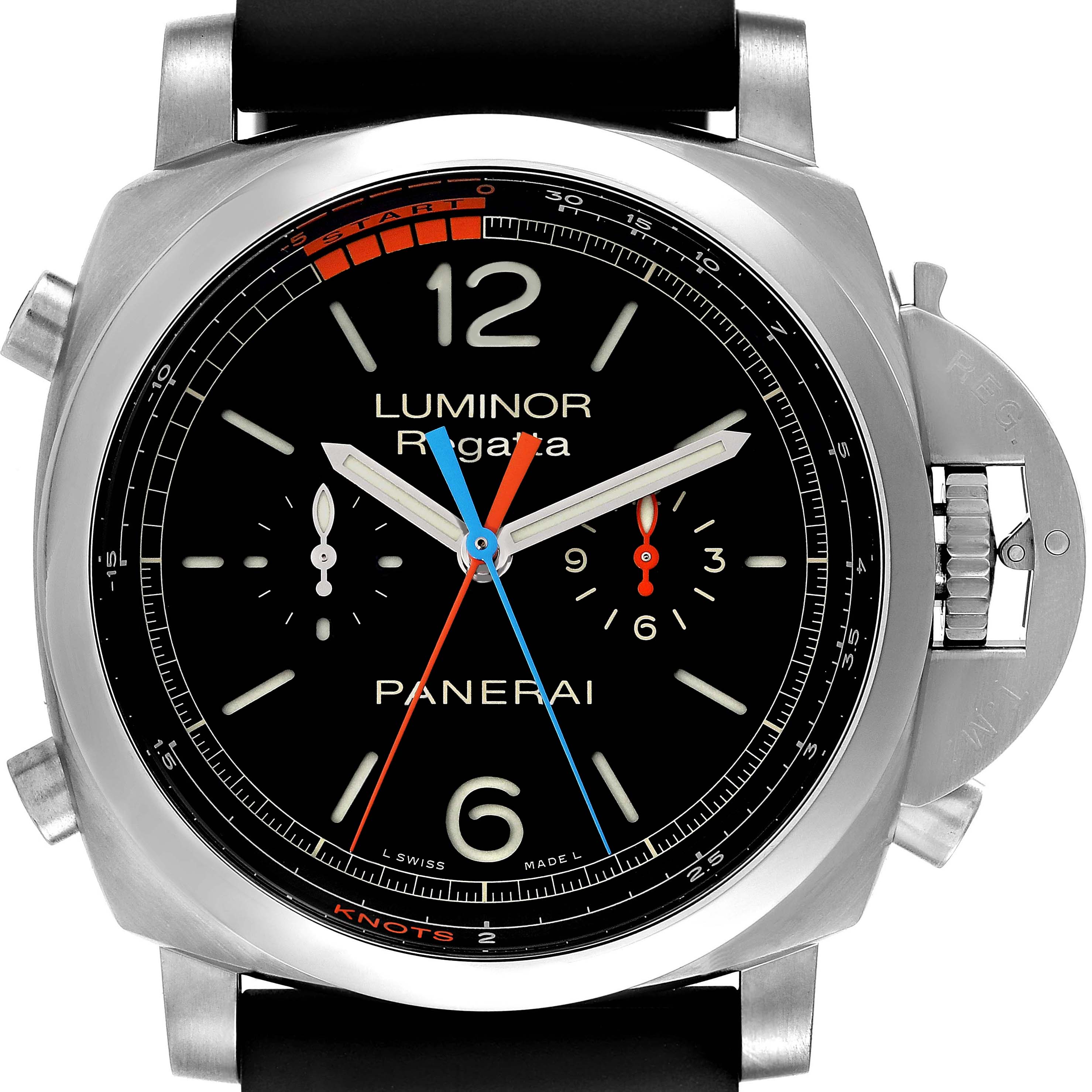 The image shows a frontal view of the Panerai Luminor PAM00526 Men's Titanium Black Dial PAM00526 Men's Titanium Black Dial Regatta watch, displaying its dial, case, and crown guard.