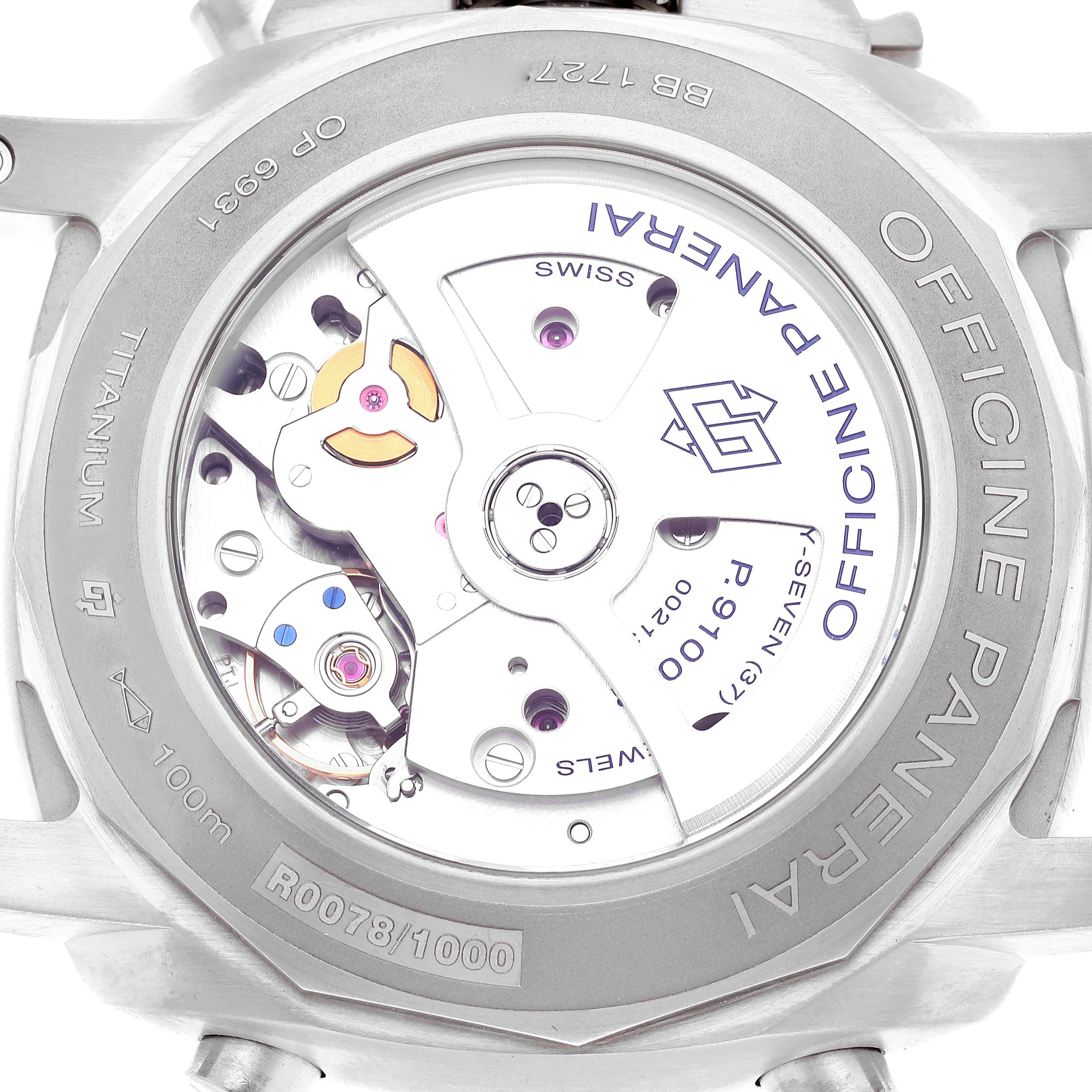 The image shows the back view of a Panerai Luminor PAM00526 Men's Titanium Black Dial PAM00526 Men's Titanium Black Dial watch, highlighting the movement and internal mechanisms.