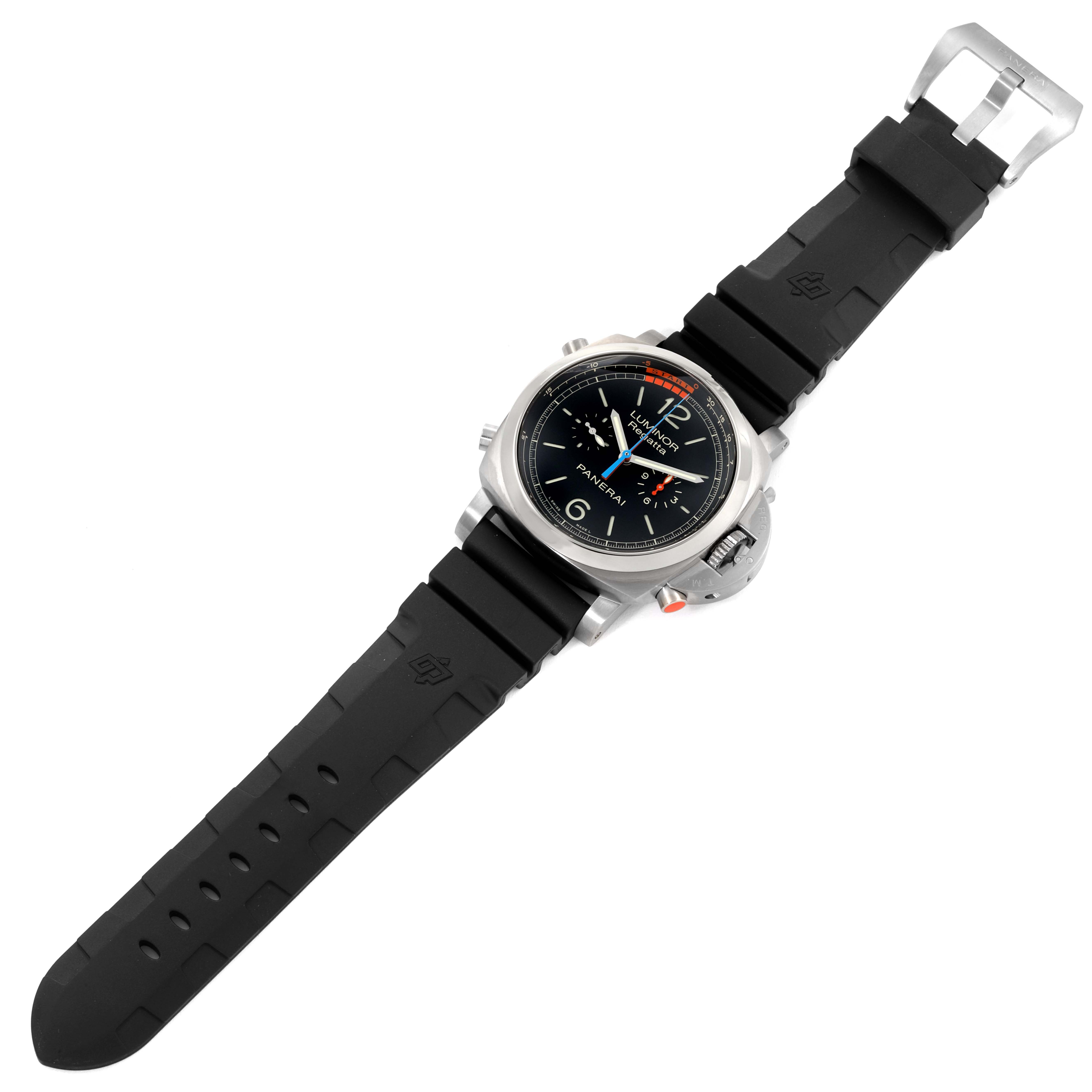 The image shows a Panerai Luminor PAM00526 Men's Titanium Black Dial PAM00526 Men's Titanium Black Dial watch from an overhead angle, displaying its face, black strap, and clasp.