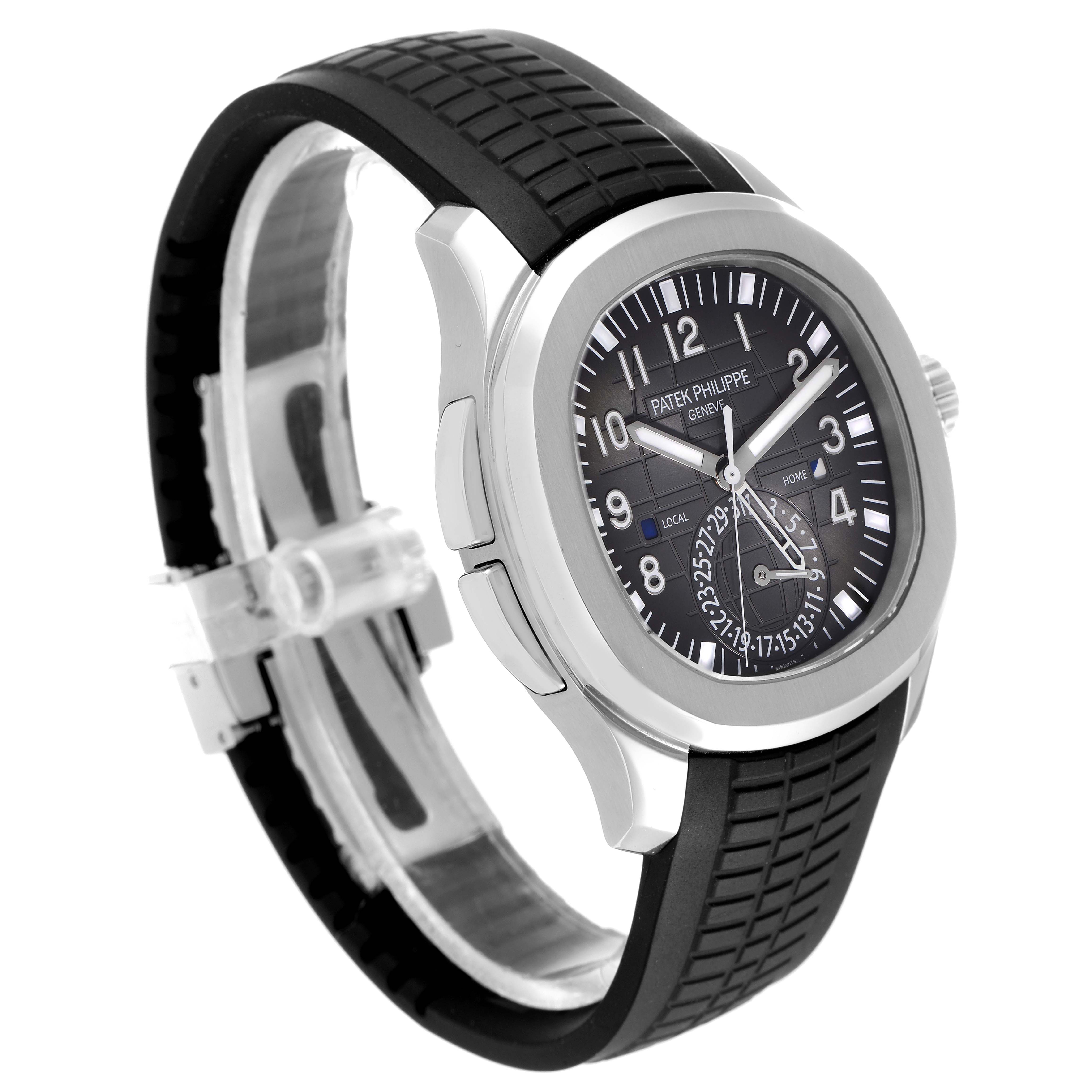 The watch is a Patek Philippe Aquanaut model 5164A-001, shown from a three-quarter angle, displaying the face, side profile, and part of the rubber strap.
