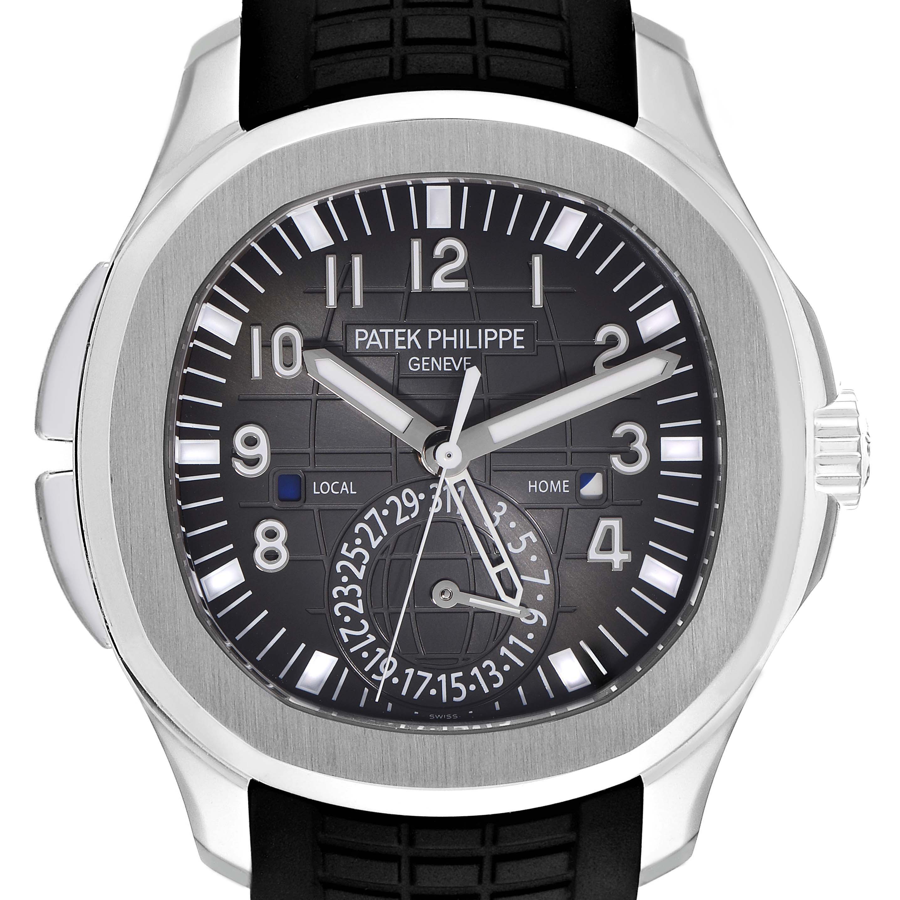 The image shows a front view of the Patek Philippe Aquanaut model 5164A-001 men
s watch, highlighting the dial, bezel, and strap sections.