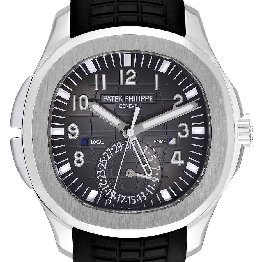 The image shows a front view of the Patek Philippe Aquanaut model 5164A-001 men's watch, highlighting the dial, bezel, and strap sections.