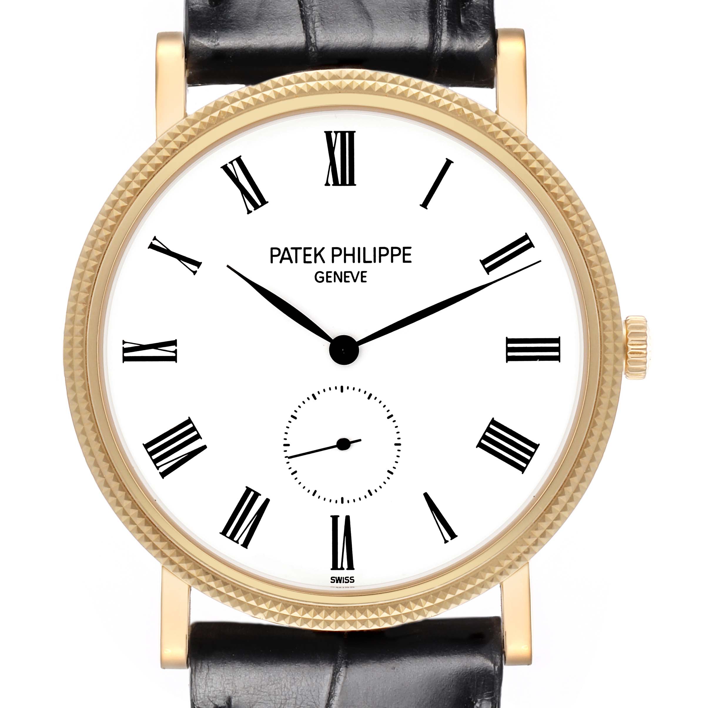 The image shows a front view of the Patek Philippe Calatrava 5119J-001 men's watch, highlighting the face, Roman numerals, and black leather strap.