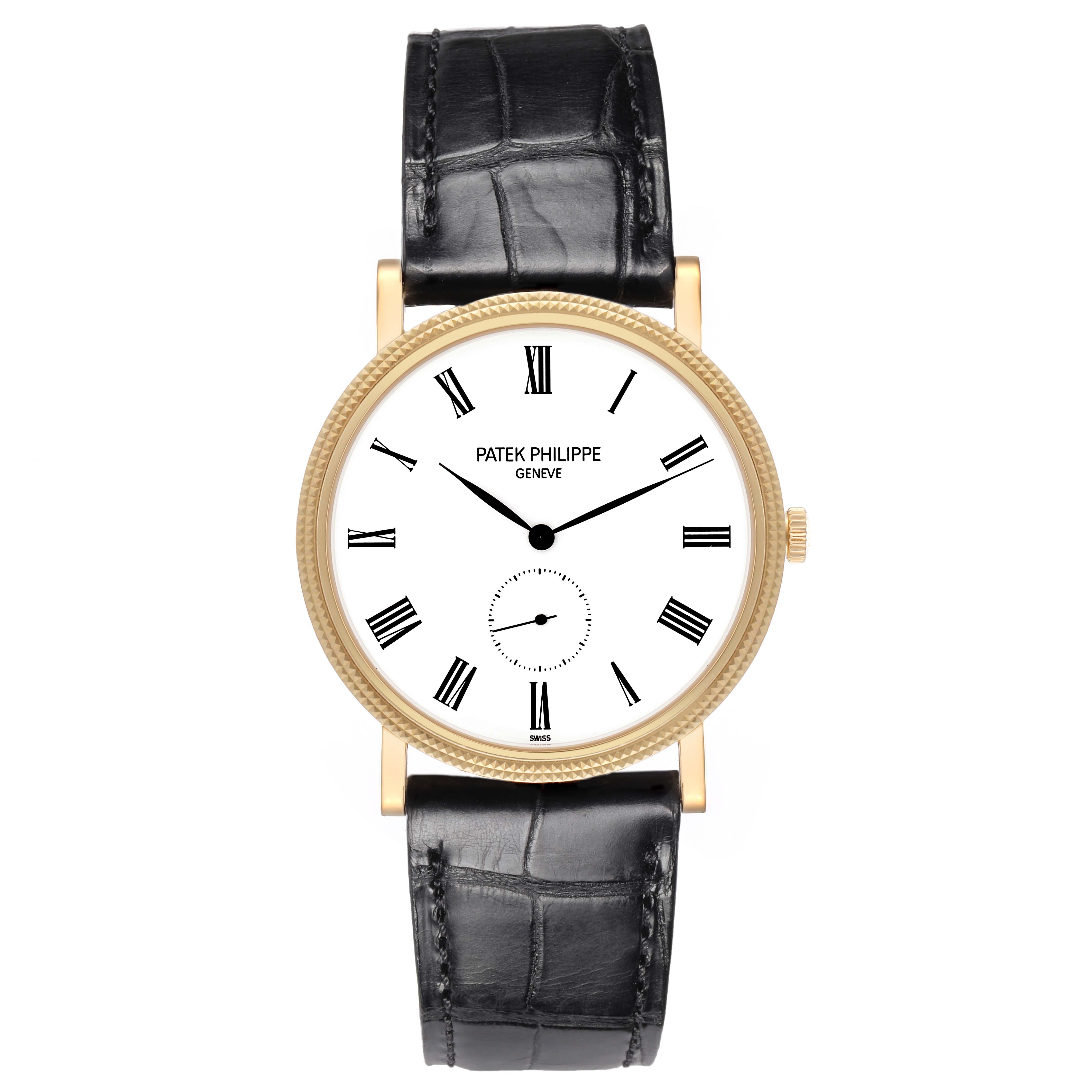The image shows a front view of the Patek Philippe Calatrava 5119J-001 watch, displaying its white dial, Roman numerals, gold case, and black strap.