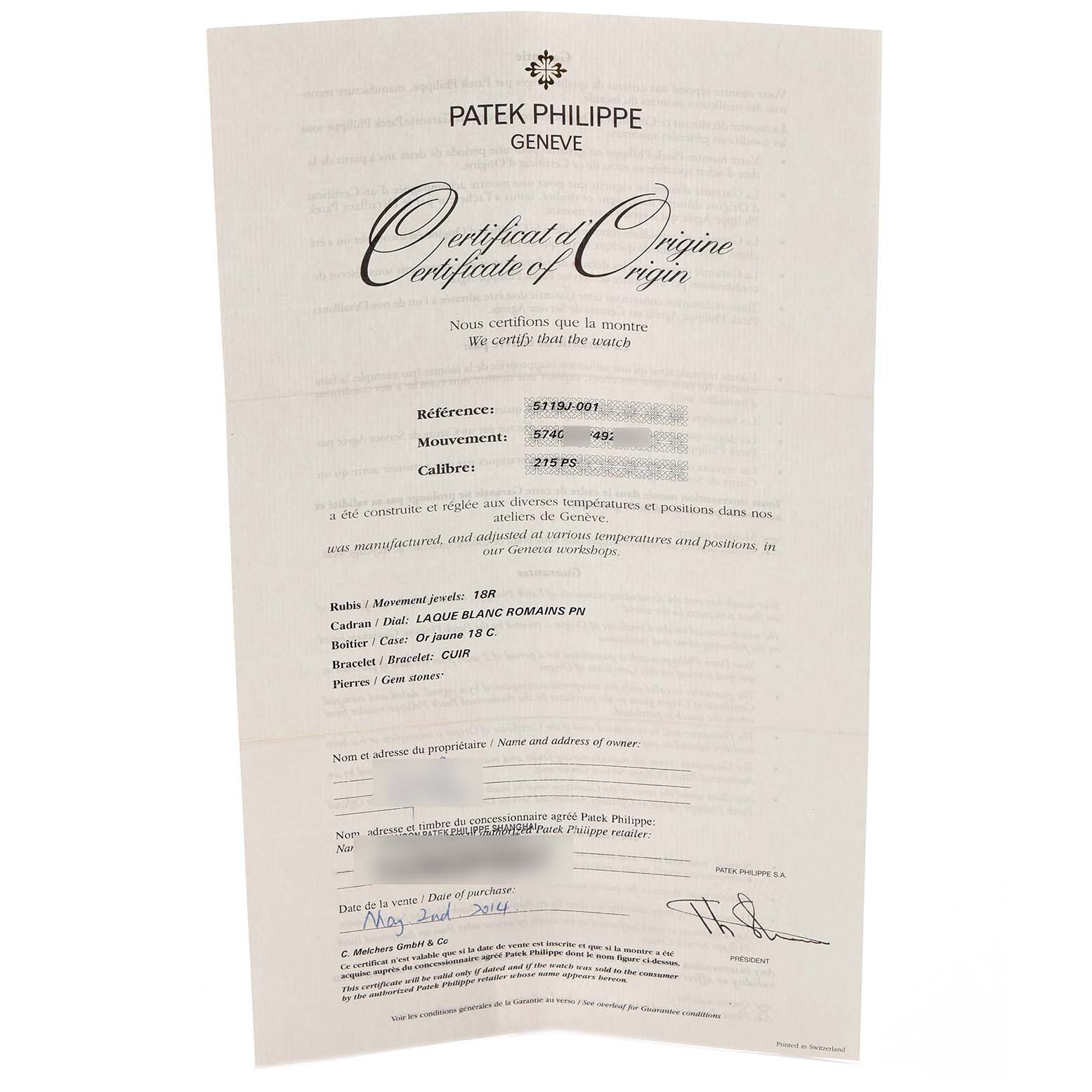 This image shows a Certificate of Origin for the Patek Philippe Calatrava model 5119J-001, detailing specifications like reference, movement, and caliber.