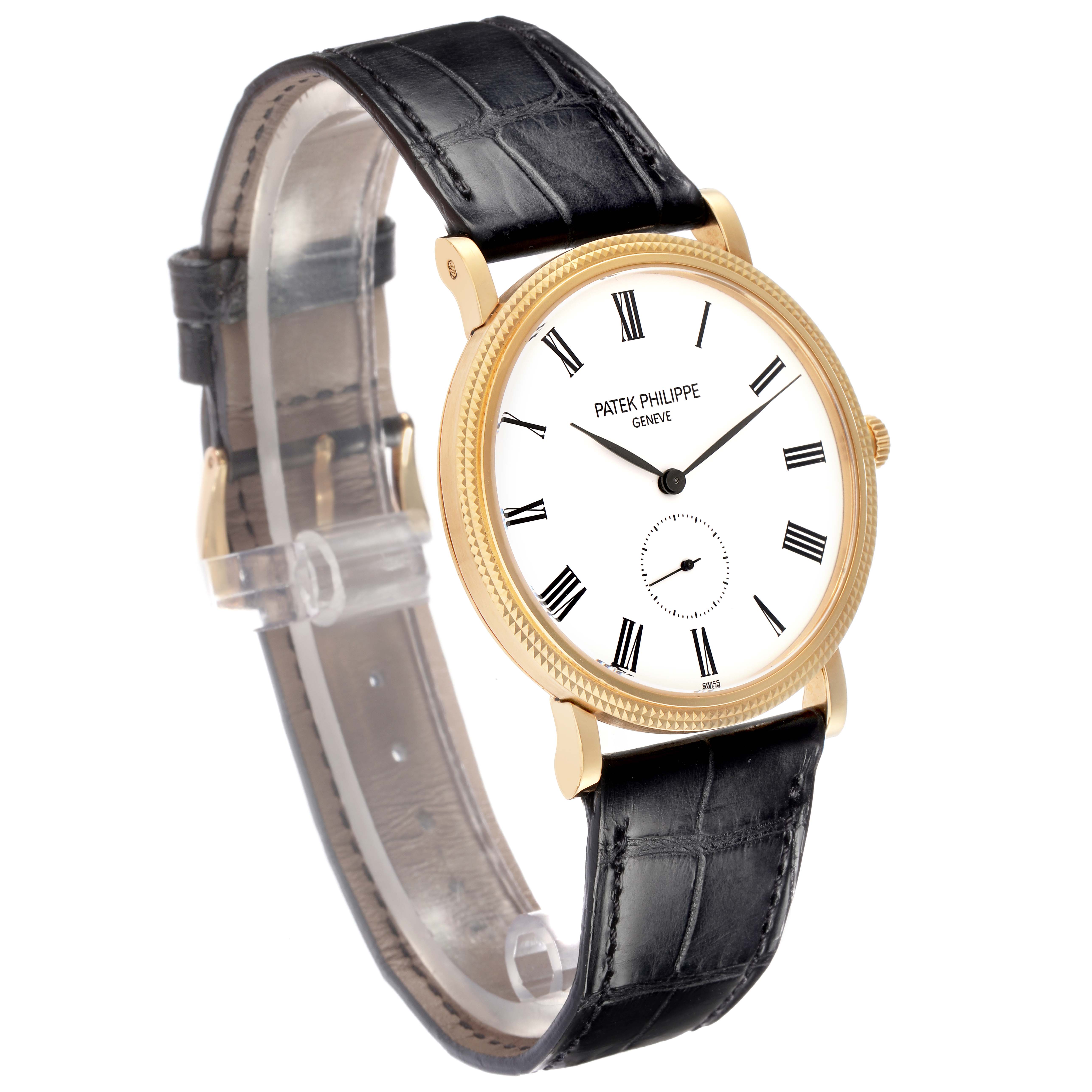 The Patek Philippe Calatrava model 5119J-001 is shown at a front angle, highlighting the watch face, gold bezel, black leather strap, and Roman numerals.