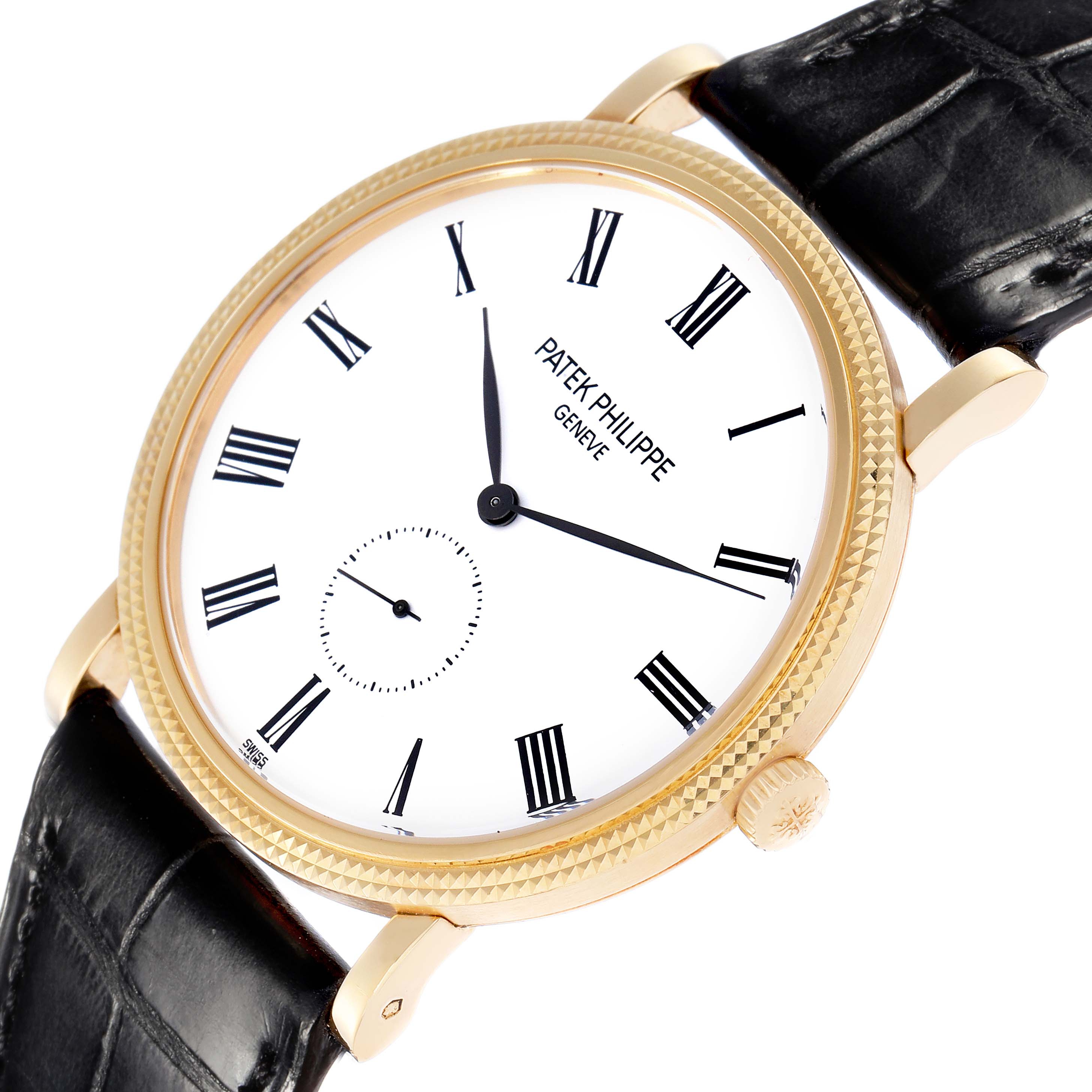 The Patek Philippe Calatrava 5119J-001 watch is shown at a slight angle, highlighting its white dial, gold case, Roman numerals, black strap, and fluted bezel.