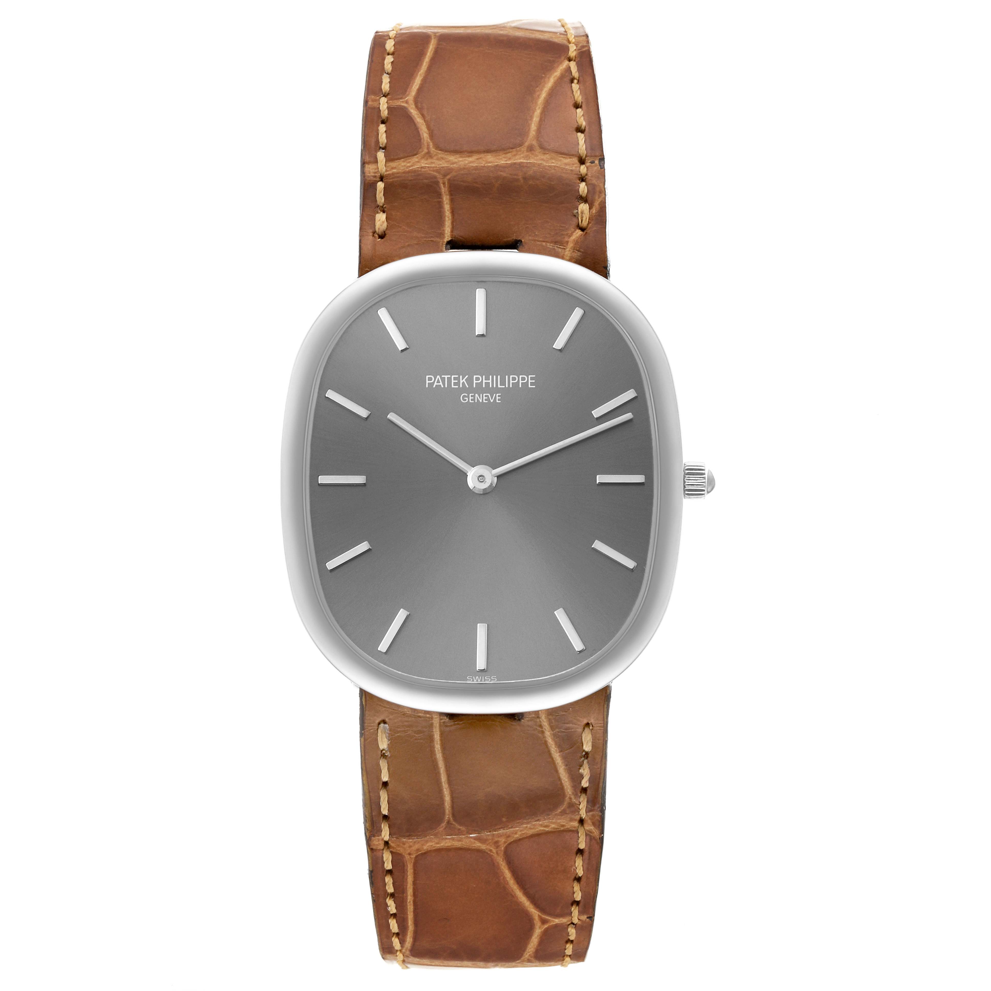 This image shows a front view of a Patek Philippe Golden Ellipse 3738/100G-012 Men's White Gold Grey Dial 3738/100G-012 Men's White Gold Grey Dial watch with a brown leather strap.