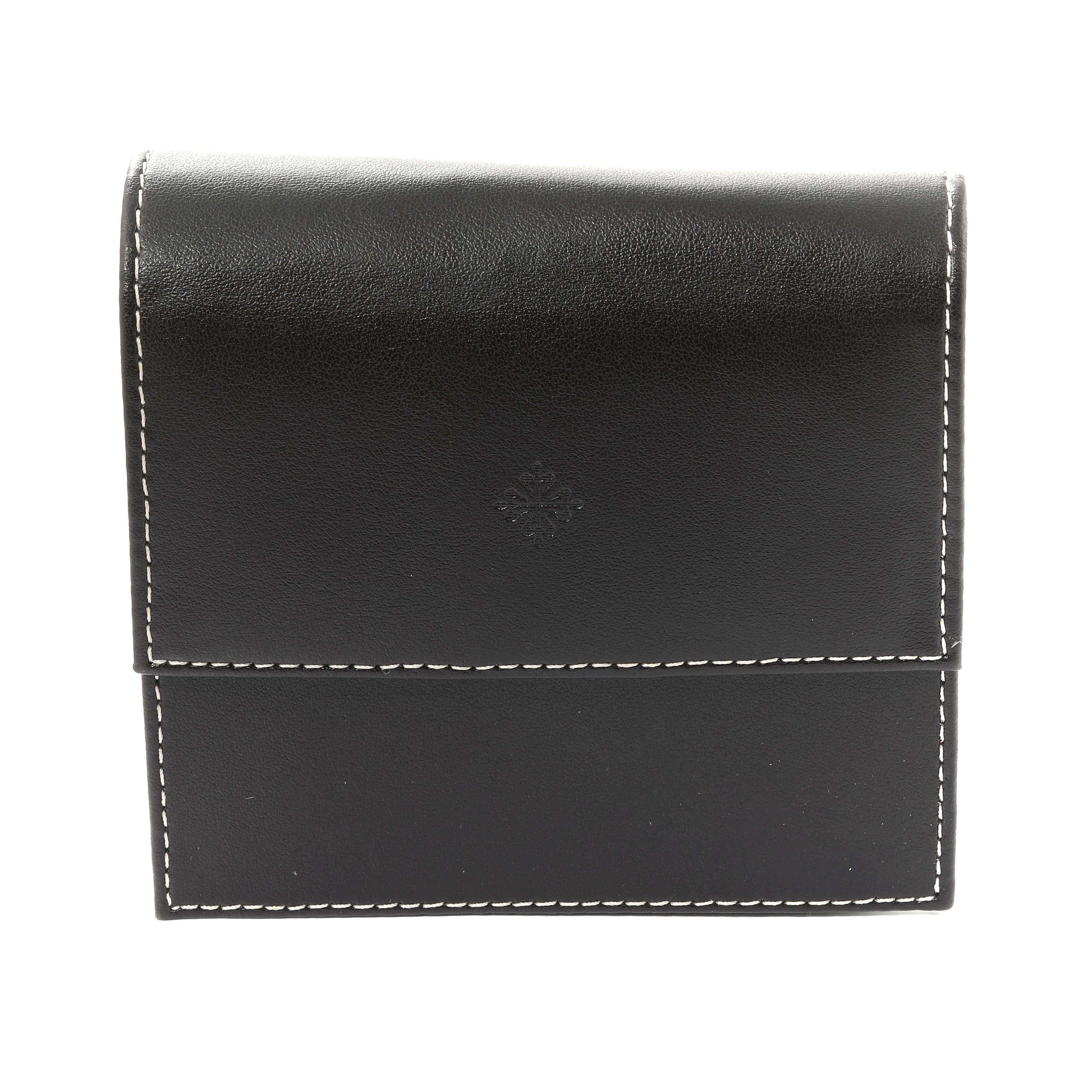 This is a black leather case for the Patek Philippe Golden Ellipse 3738/100G-012 Men's White Gold Grey Dial 3738/100G-012 Men's White Gold Grey Dial model, shown from the front.