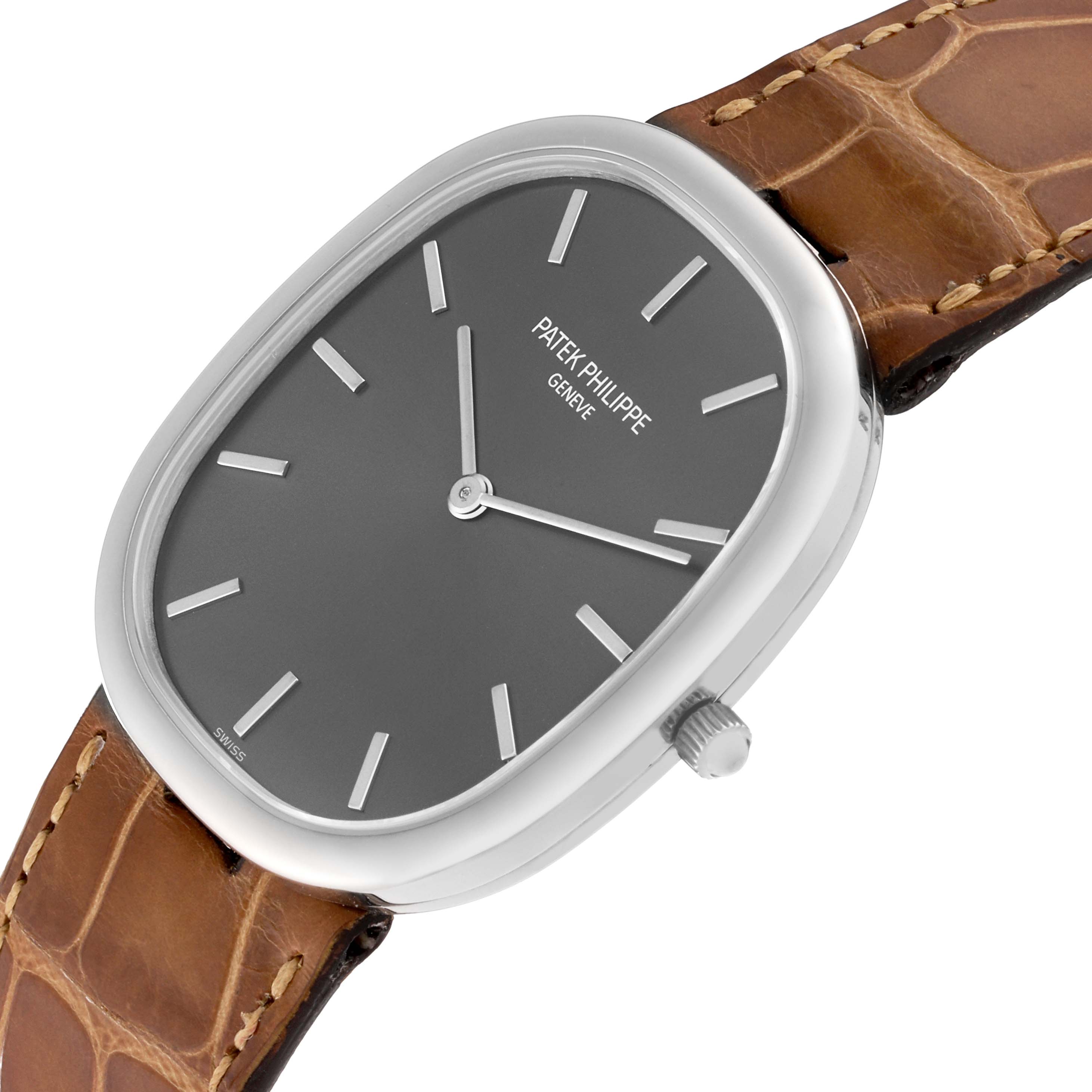 The image shows a Patek Philippe Golden Ellipse 3738/100G-012 Men's White Gold Grey Dial 3738/100G-012 Men's White Gold Grey Dial watch at an angled view, highlighting the face, bezel, case, and strap.