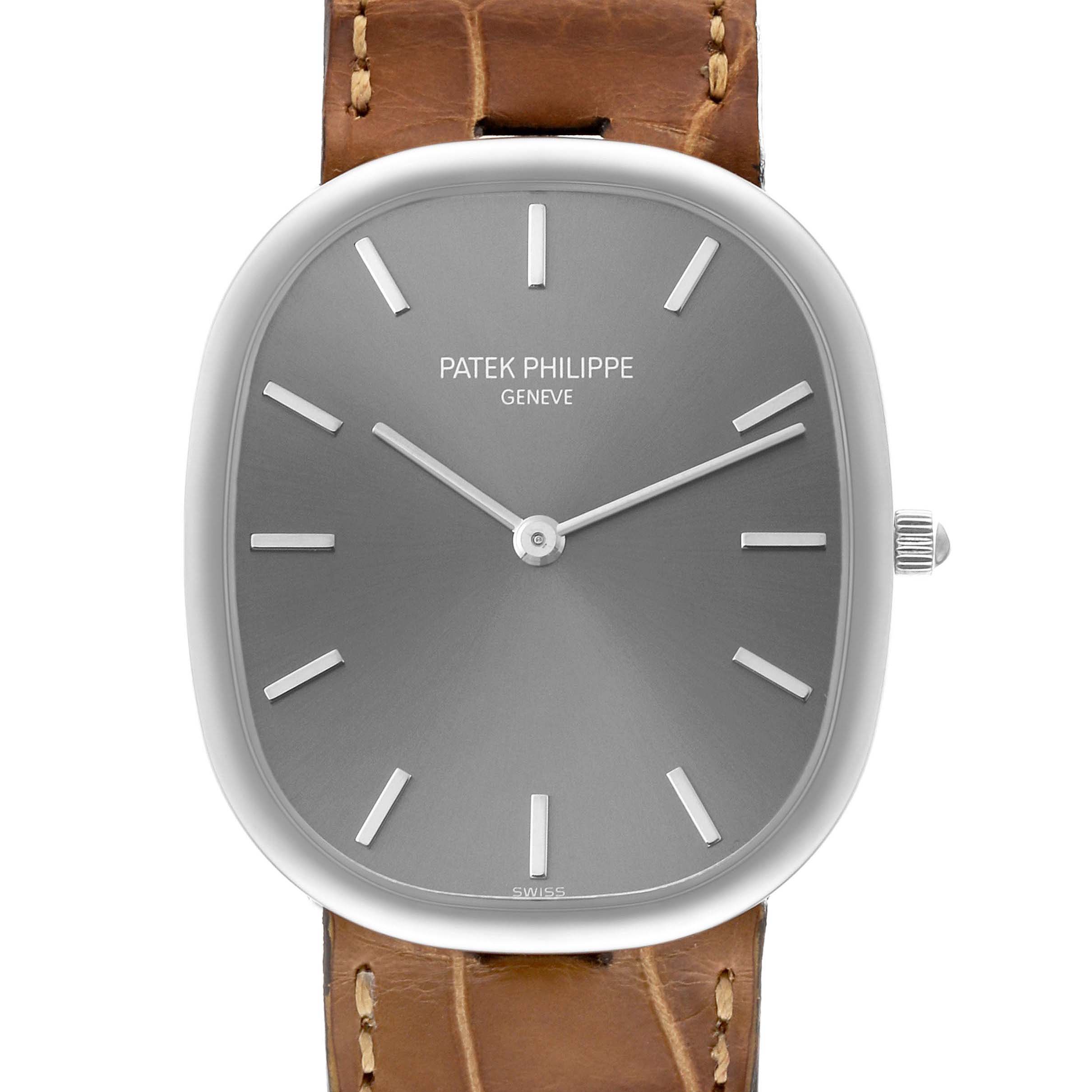 This image shows a front view of the Patek Philippe Golden Ellipse 3738/100G-012 Men's White Gold Grey Dial 3738/100G-012 Men's White Gold Grey Dial watch with a grey dial and brown leather strap.