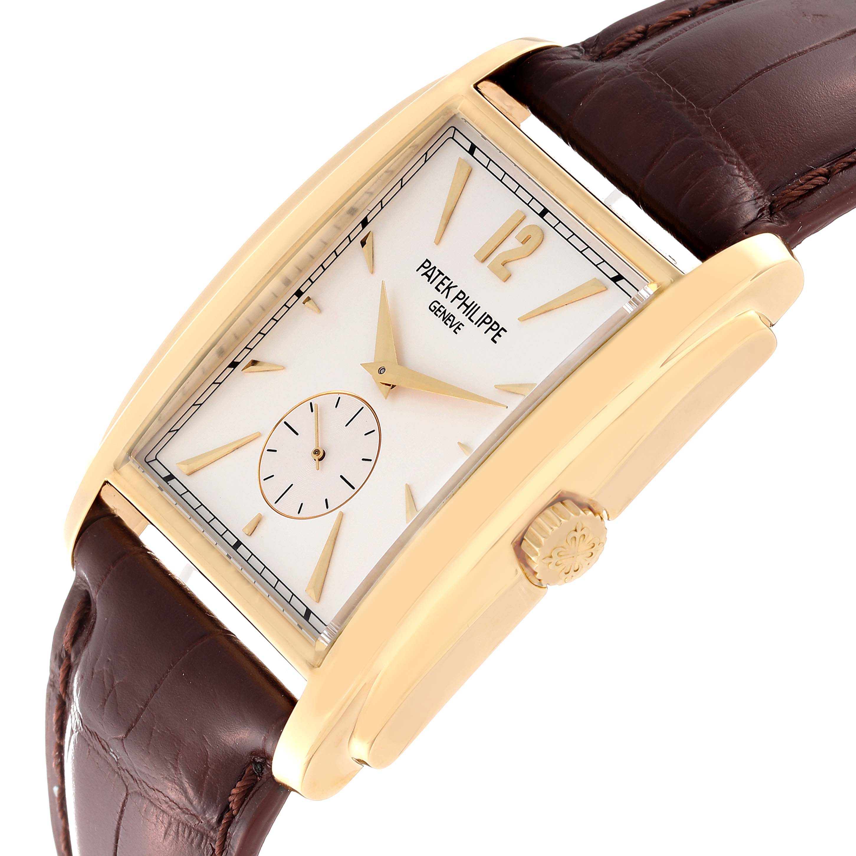 The image shows a Patek Philippe Gondolo 5124J Men's Yellow Gold Silver Dial 5124J Men's Yellow Gold Silver Dial watch from a slight angle, highlighting its face, gold case, crown, and brown leather strap.