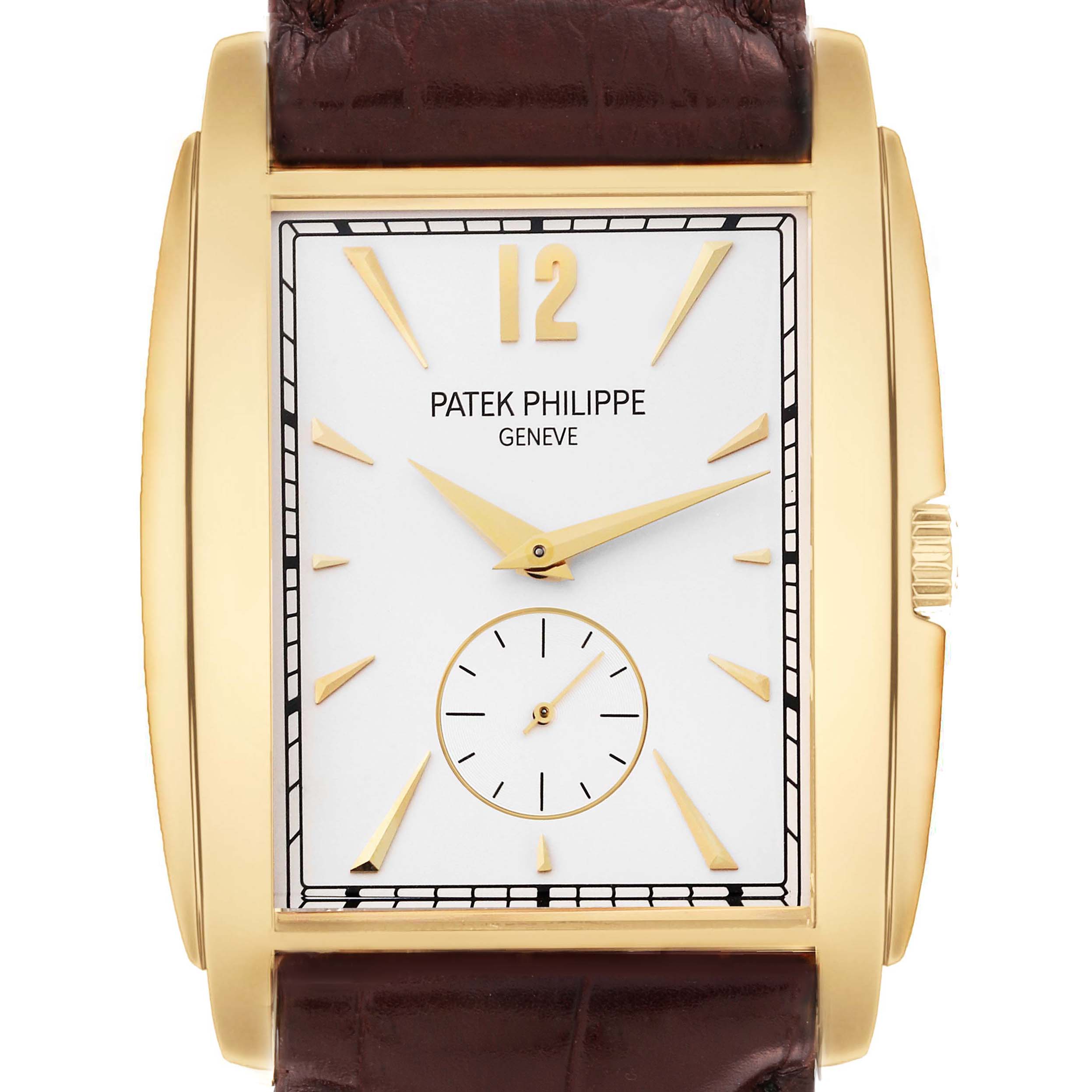 The image shows a front view of a Patek Philippe Gondolo 5124J Men's Yellow Gold Silver Dial 5124J Men's Yellow Gold Silver Dial watch, featuring a gold rectangular case and a brown leather strap.