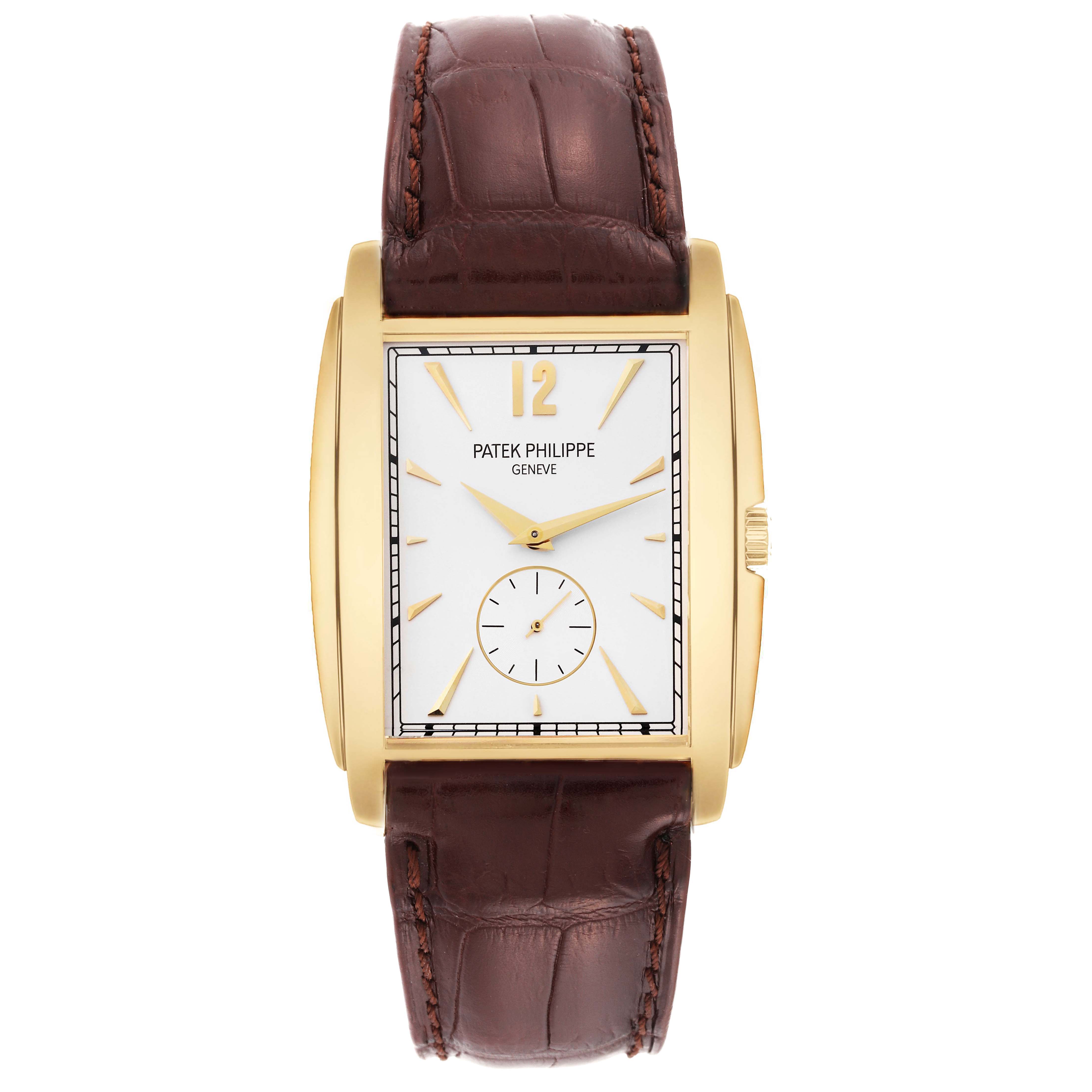 The Patek Philippe Gondolo 5124J Men's Yellow Gold Silver Dial 5124J Men's Yellow Gold Silver Dial watch is shown from a front angle, displaying the dial, hands, and leather strap.