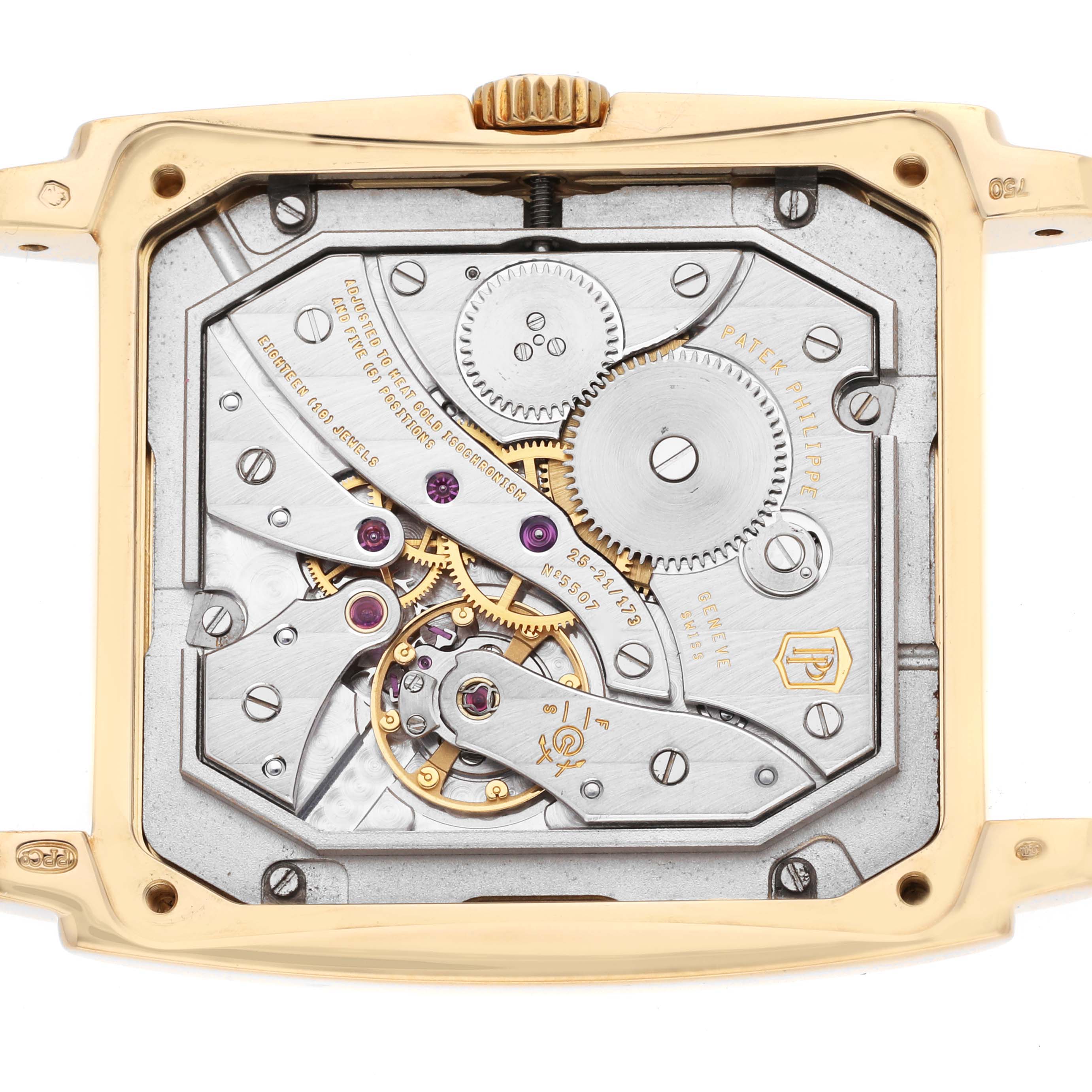 The image shows the exposed mechanical movement from the back of the Patek Philippe Gondolo 5124J Men's Yellow Gold Silver Dial 5124J Men's Yellow Gold Silver Dial watch.