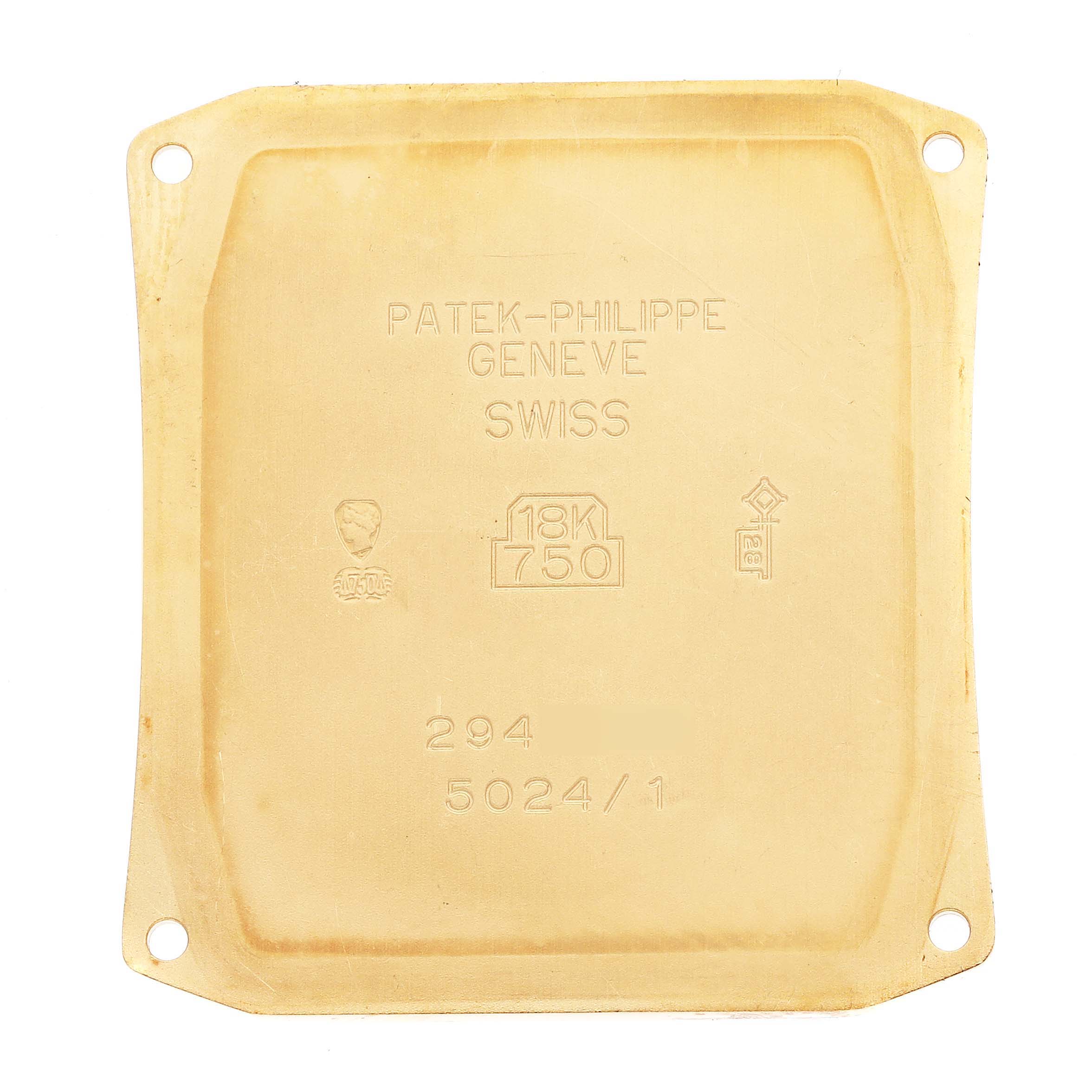 The image shows the inside case back of a Patek Philippe Gondolo 5024/1J-001 Men's Yellow Gold White Dial 5024/1J-001 Men's Yellow Gold White Dial watch with model and material engravings.