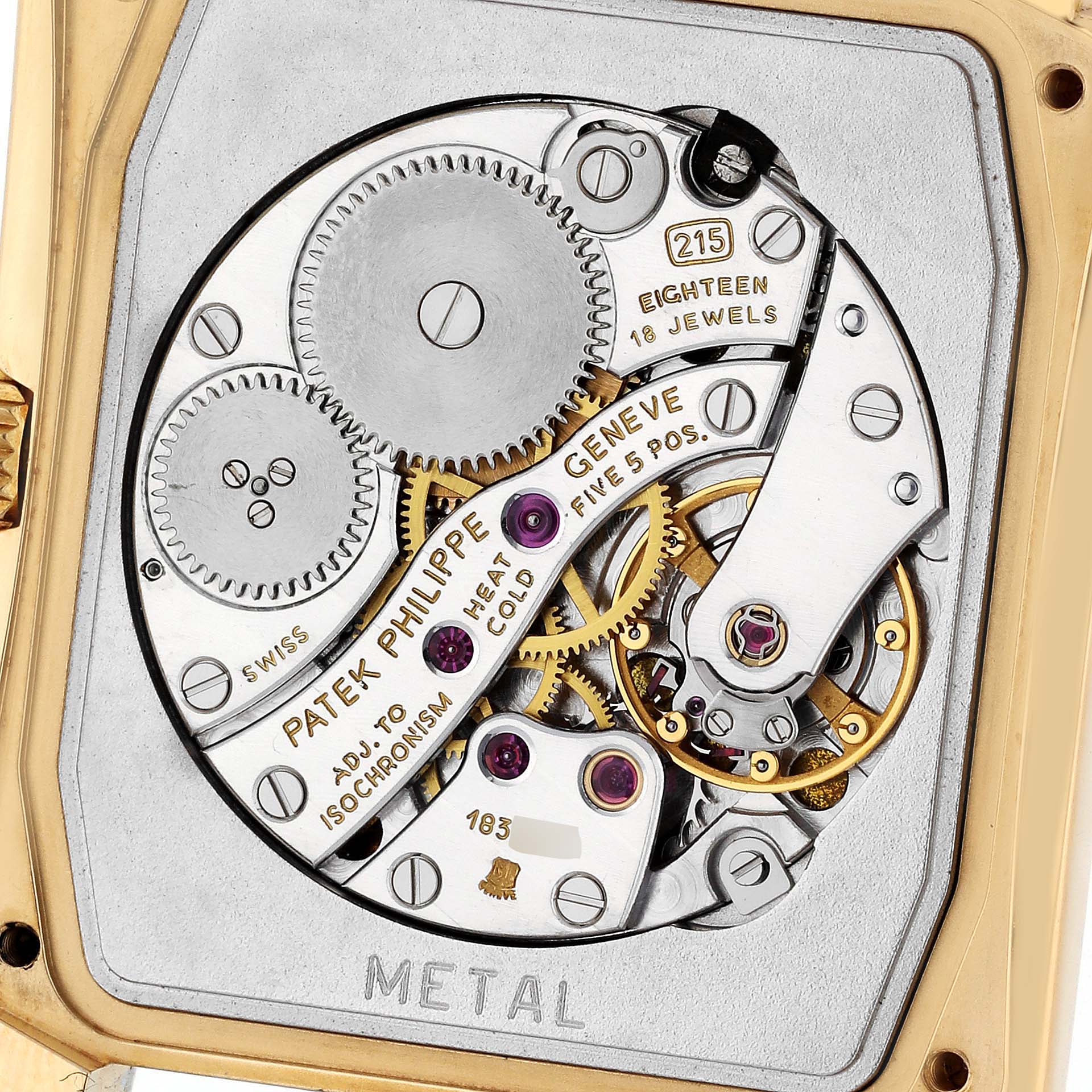 This image shows the intricate inner mechanism of the Patek Philippe Gondolo 5024/1J-001 Men's Yellow Gold White Dial 5024/1J-001 Men's Yellow Gold White Dial model watch, viewed from a close-up angle.