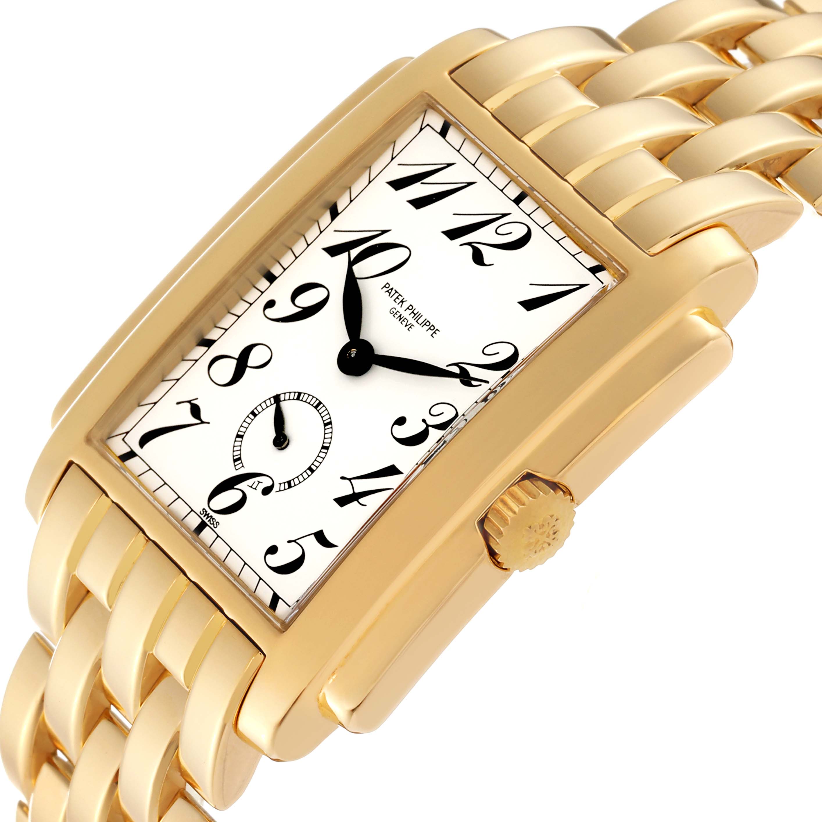 This image shows a side view of the Patek Philippe Gondolo 5024/1J-001 Men's Yellow Gold White Dial 5024/1J-001 Men's Yellow Gold White Dial model, highlighting its gold rectangular case and crown.