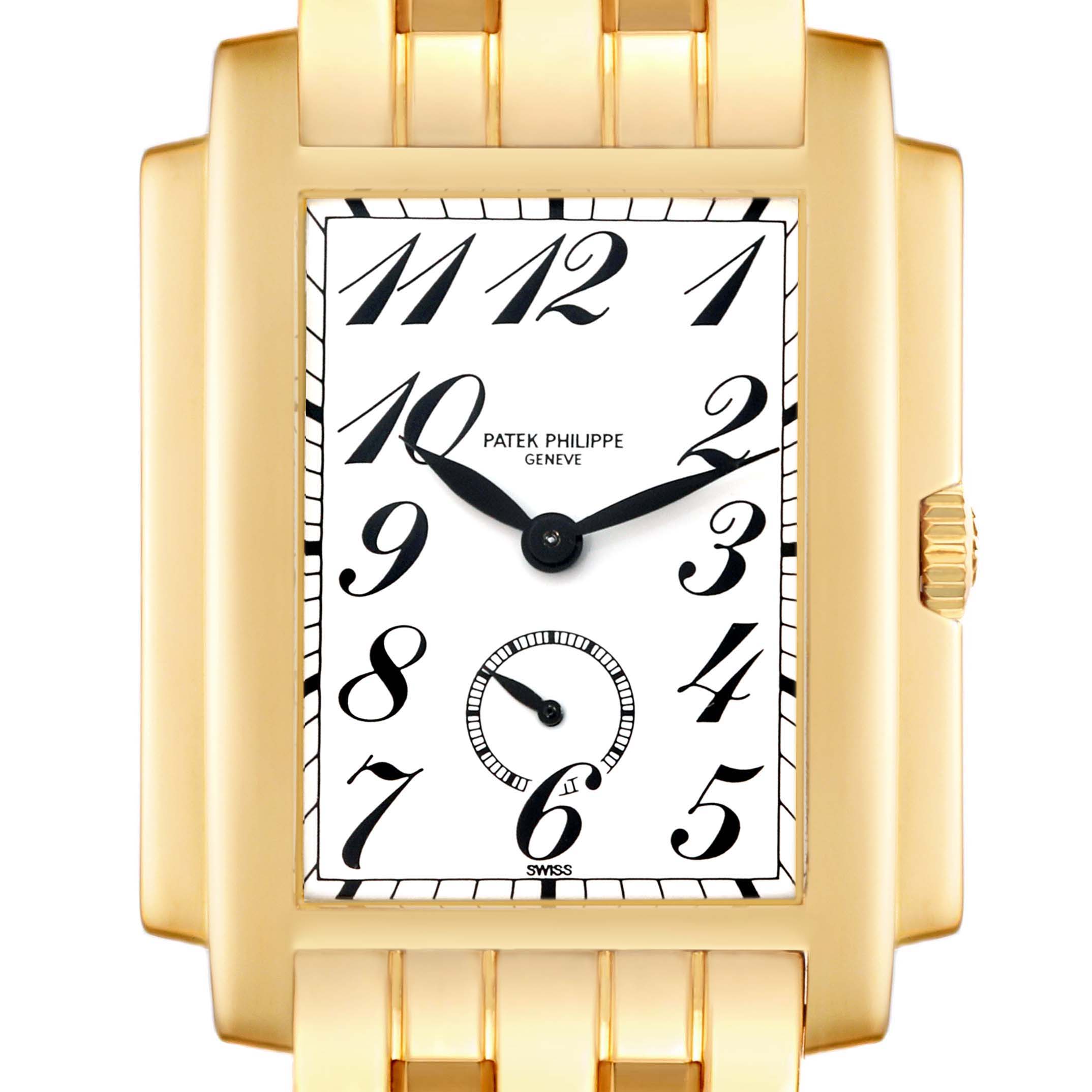 The image shows a front view of the Patek Philippe Gondolo 5024/1J-001 Men's Yellow Gold White Dial 5024/1J-001 Men's Yellow Gold White Dial watch, highlighting its rectangular gold case, white dial, and black numerals.