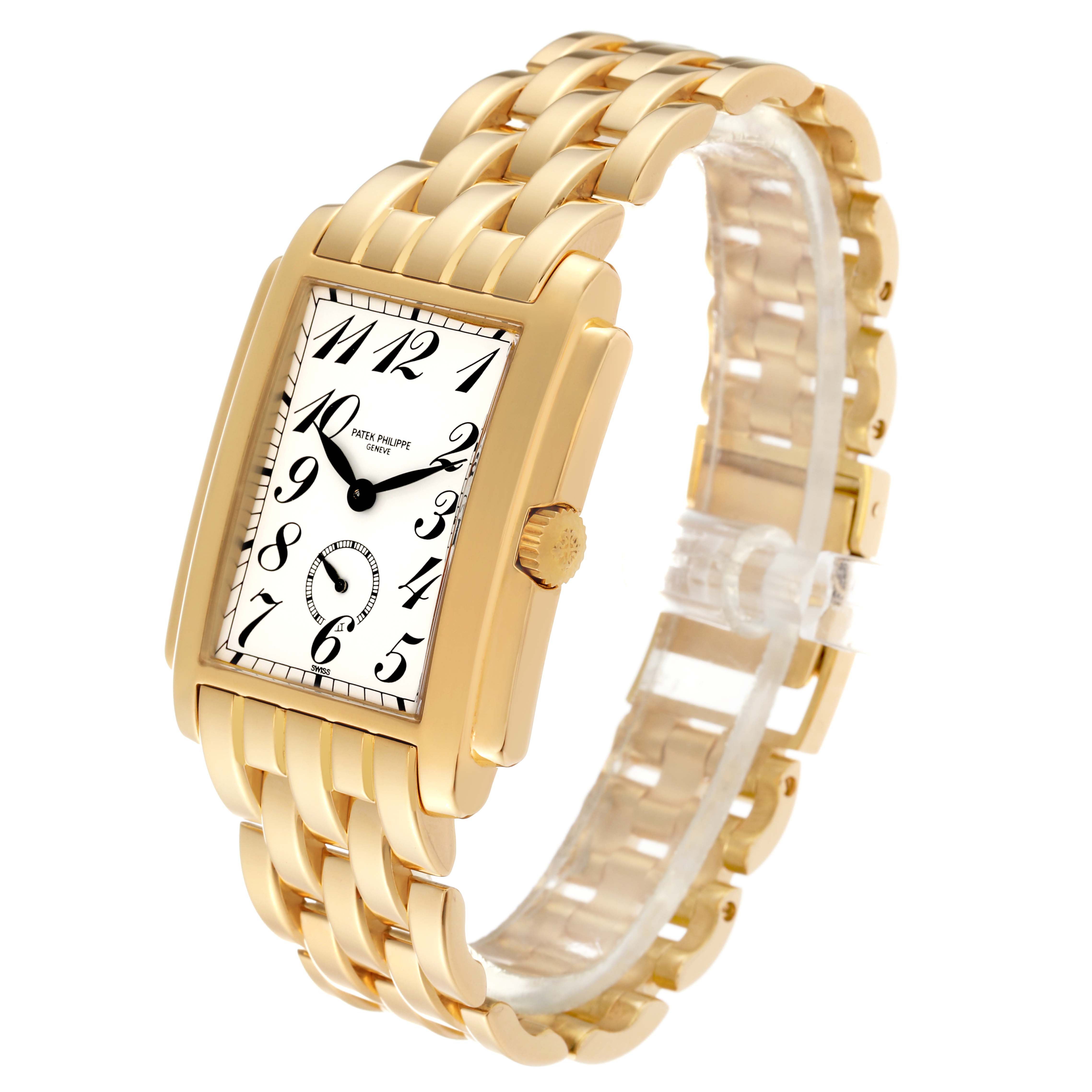 The image shows a side angle of the Patek Philippe Gondolo 5024/1J-001 Men's Yellow Gold White Dial 5024/1J-001 Men's Yellow Gold White Dial watch, highlighting the gold case, crown, and bracelet.