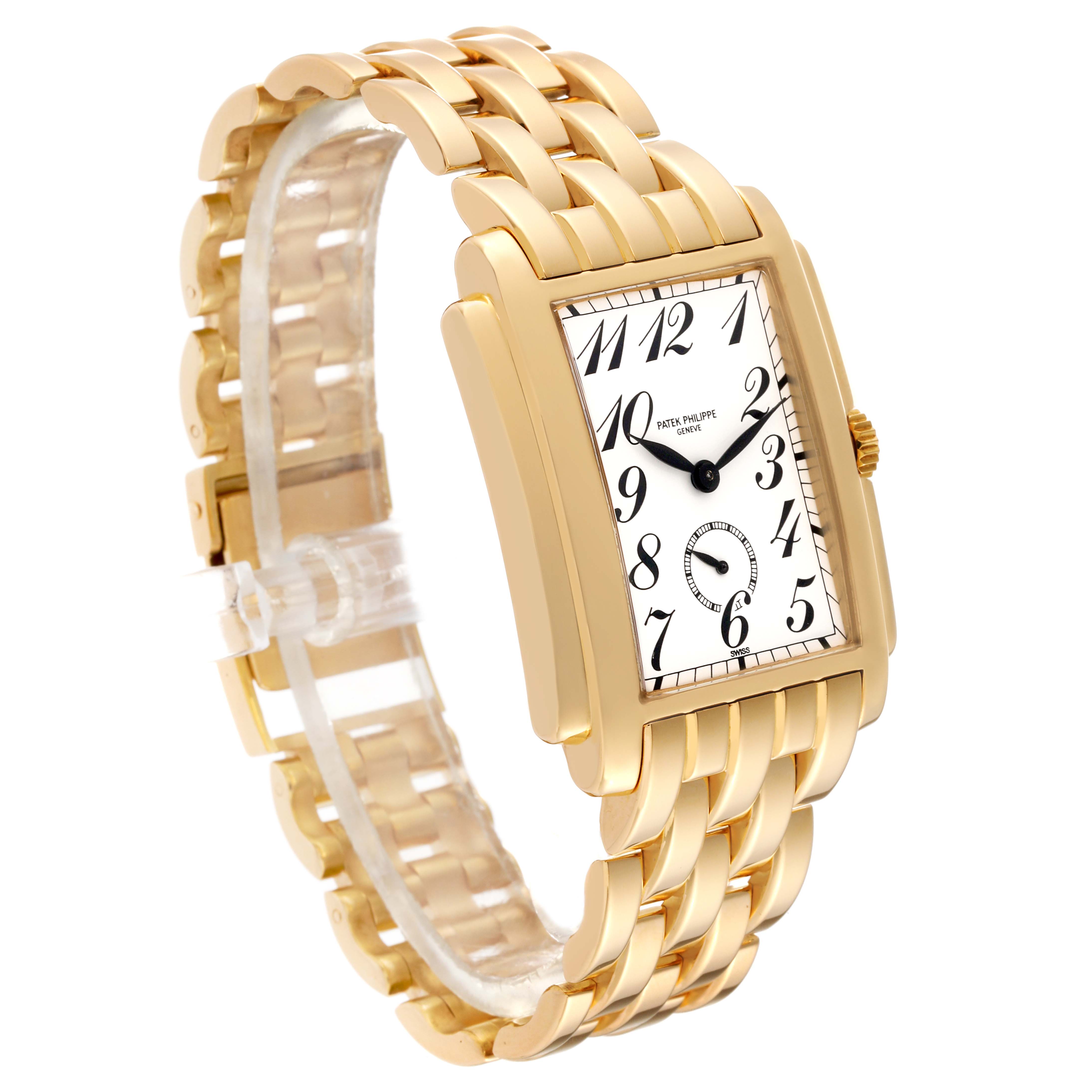 The image shows a Patek Philippe Gondolo 5024/1J-001 Men's Yellow Gold White Dial 5024/1J-001 Men's Yellow Gold White Dial model watch angled to display its rectangular face and gold link bracelet.