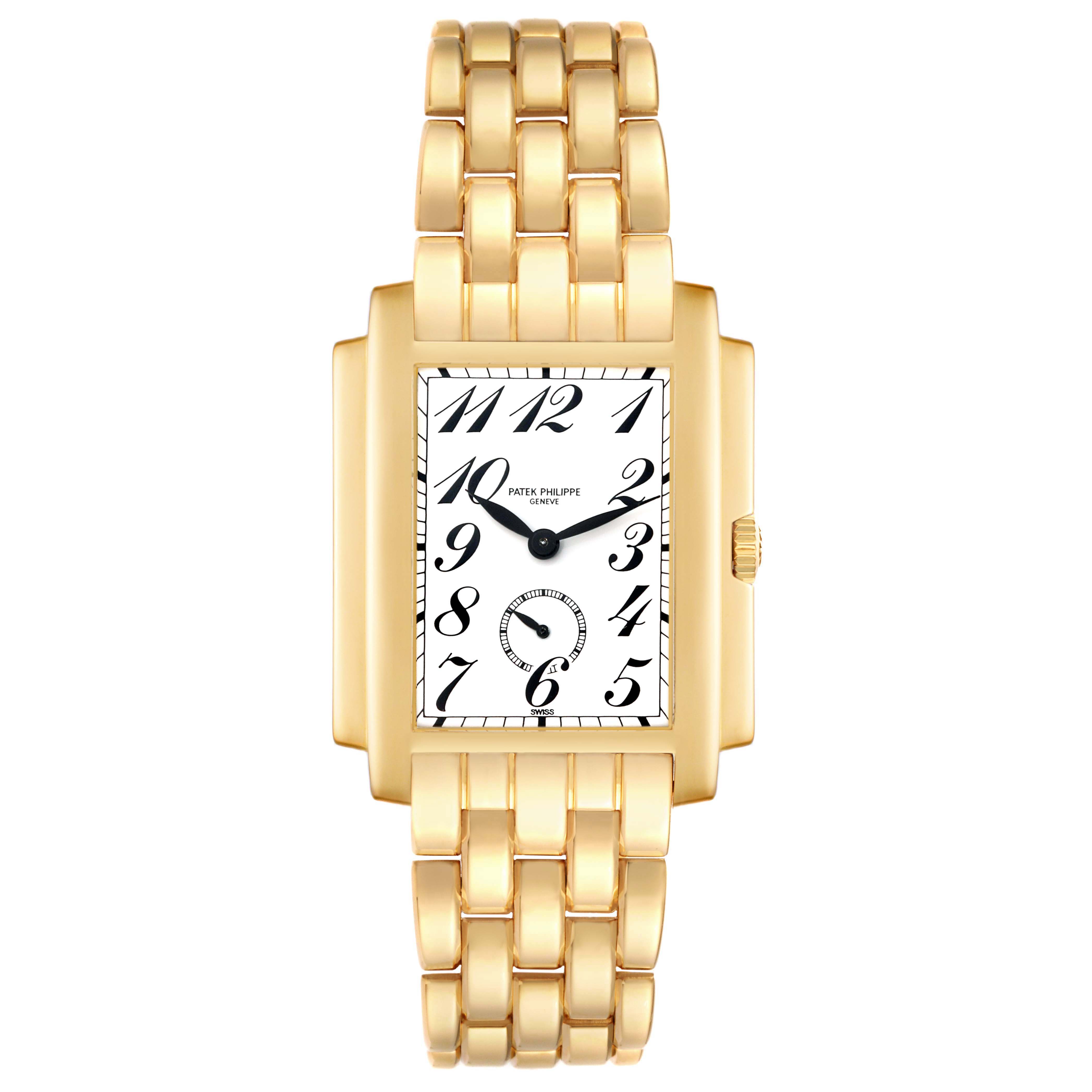 The image shows a frontal view of the Patek Philippe Gondolo 5024/1J-001 Men's Yellow Gold White Dial 5024/1J-001 Men's Yellow Gold White Dial watch, featuring its face, case, and bracelet.