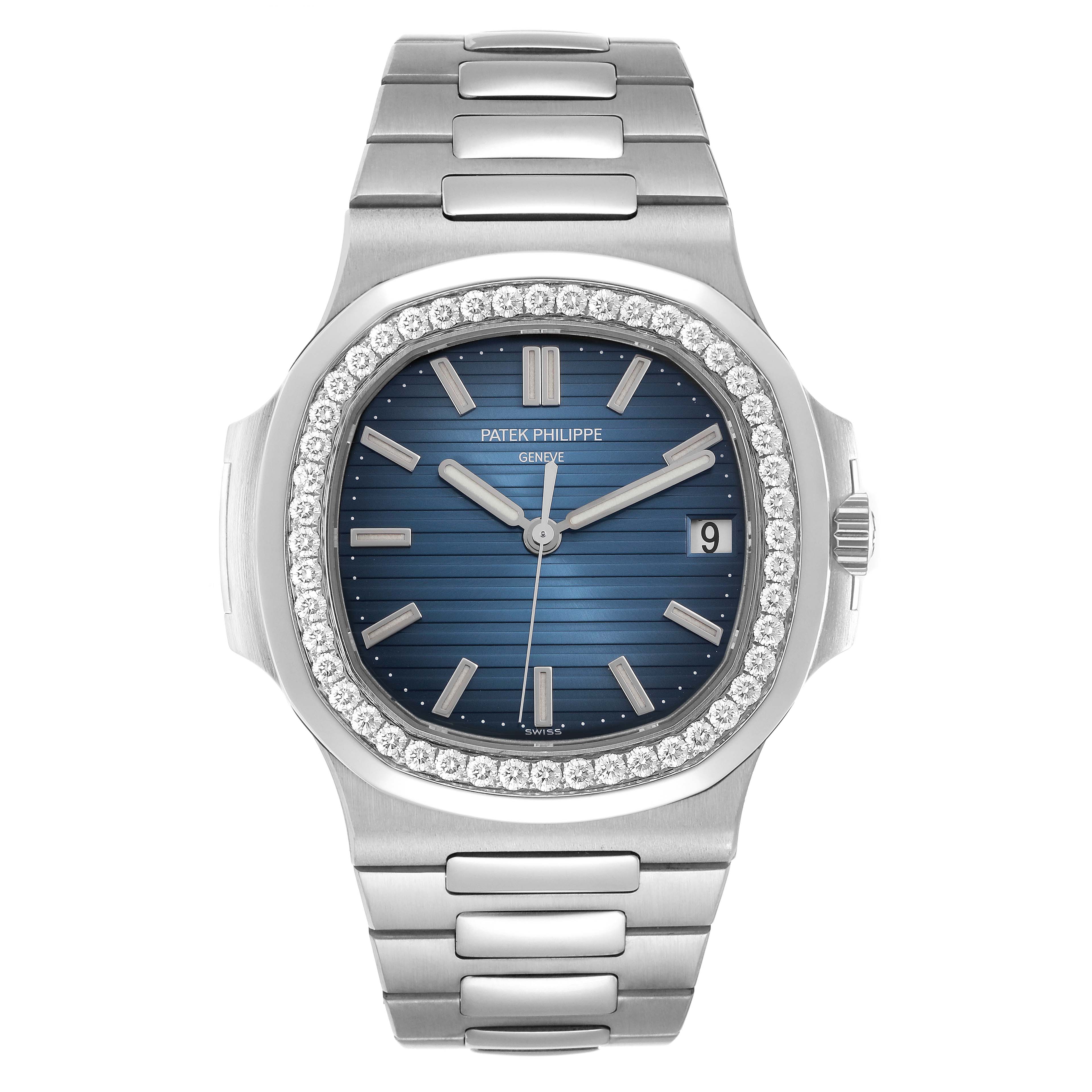 The image shows a front view of a Patek Philippe Nautilus 5713 men
s watch, highlighting its blue dial, diamond-set bezel, and stainless steel bracelet.