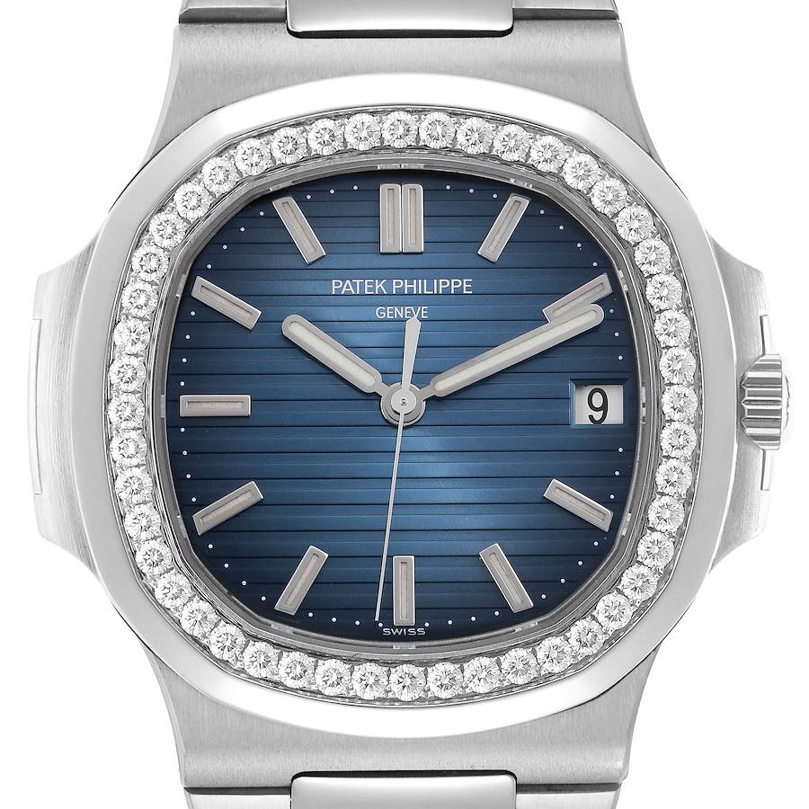 The image shows a front view of the Patek Philippe Nautilus 5713 men's watch, highlighting the blue dial, diamond-set bezel, and date window.