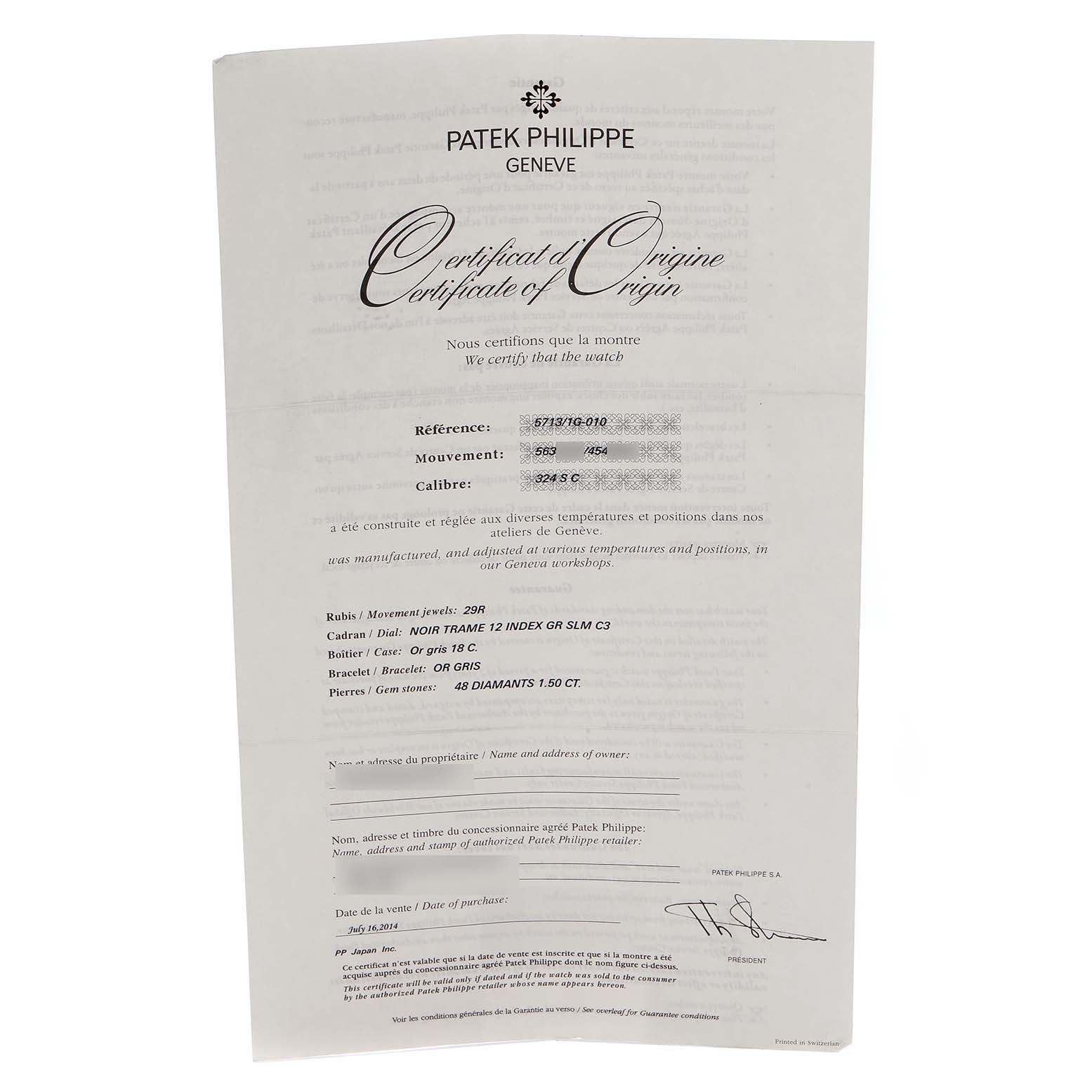 The image shows a Certificate of Origin for a Patek Philippe Nautilus model 5713 men
s watch.