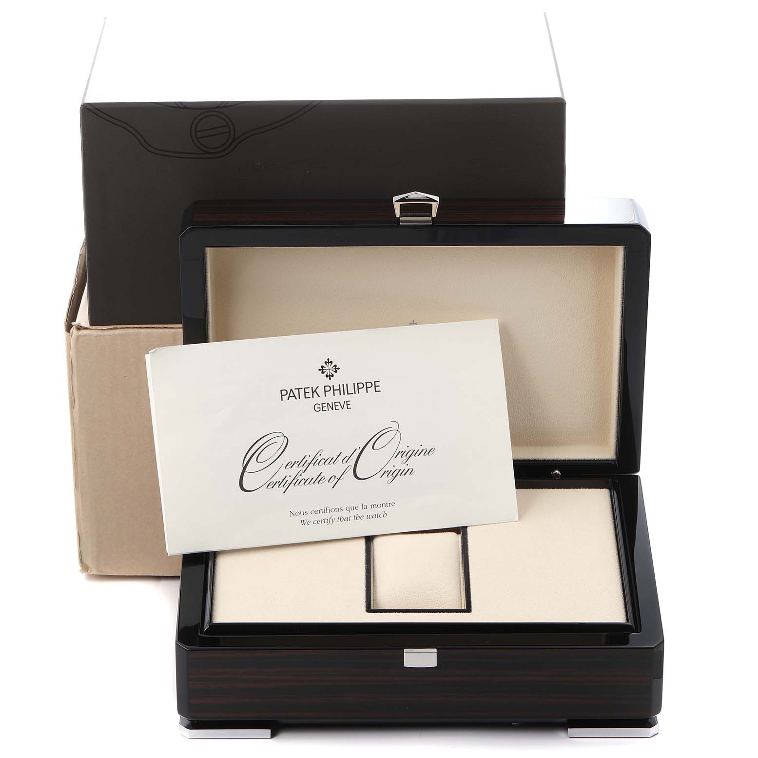 The image shows the presentation box and certificate for a Patek Philippe Nautilus 5713 men
s watch, viewed from the front with the box open.