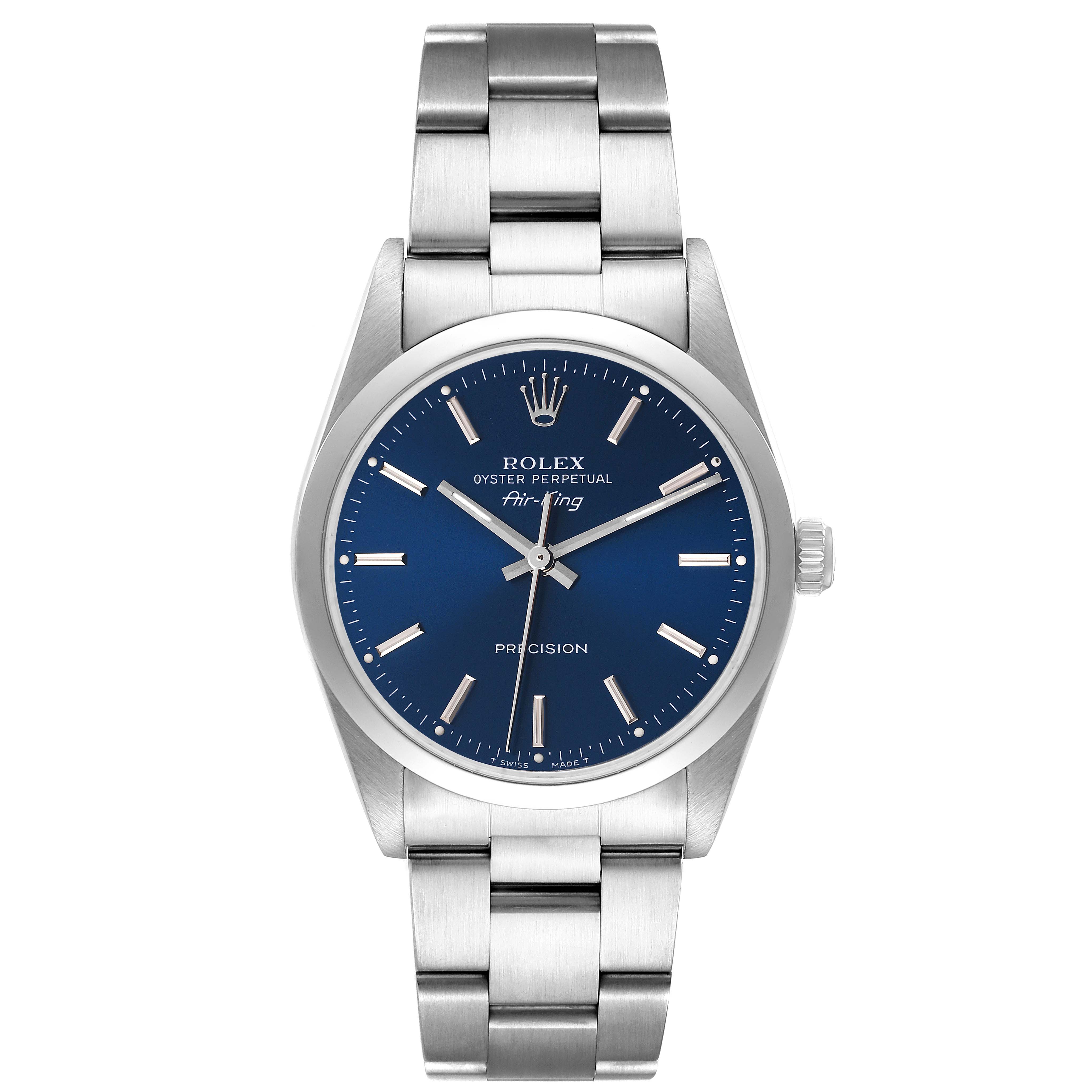 The image shows a Rolex Air-King 14000 Men's Stainless Steel Blue Dial 14000 Men's Stainless Steel Blue Dial watch from a front angle, displaying its blue dial, stainless steel case, and bracelet.
