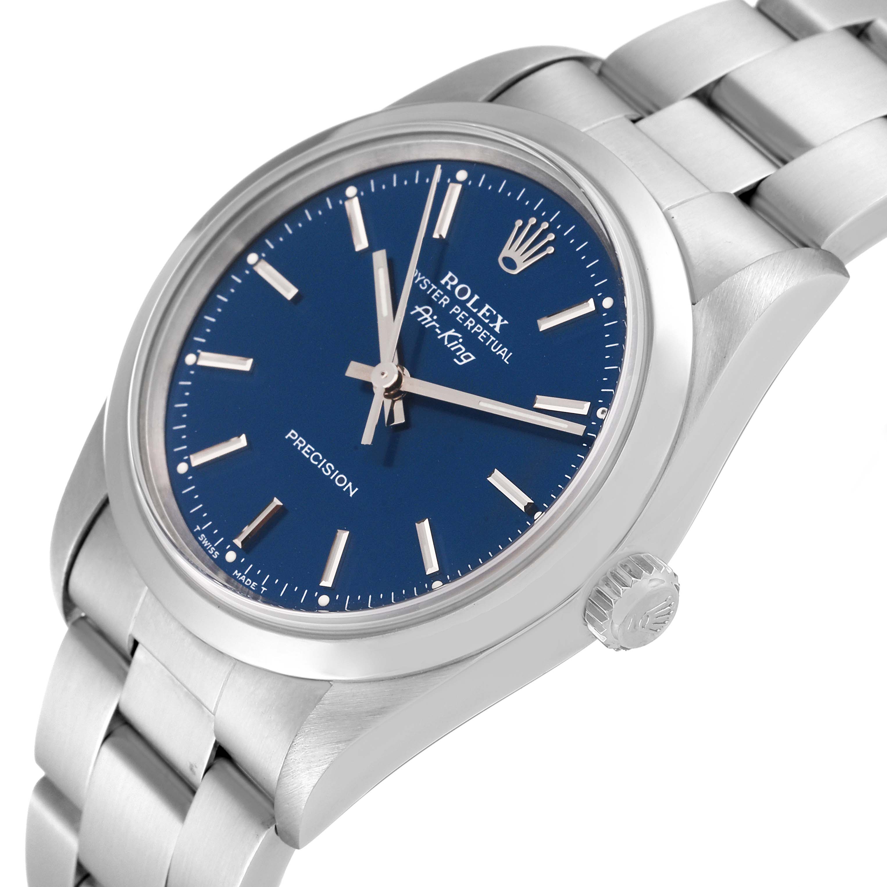 The Rolex Air-King 14000 Men's Stainless Steel Blue Dial 14000 Men's Stainless Steel Blue Dial watch is shown at an oblique angle, highlighting its blue dial, crown, and partial bracelet.