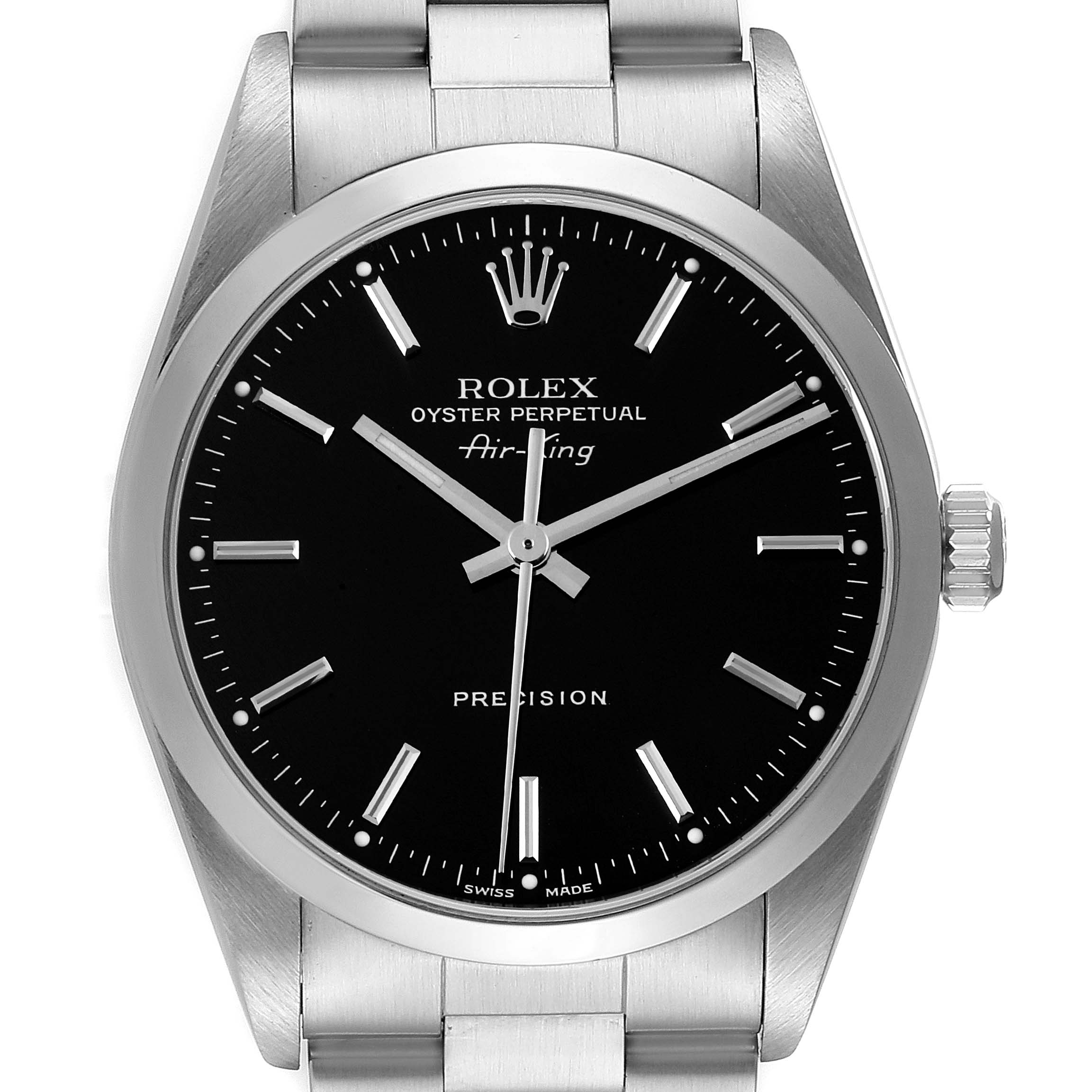 This image shows a frontal view of the Rolex Air-King 14000 Men's Stainless Steel Black Dial 14000 Men's Stainless Steel Black Dial watch, highlighting the dial, crown, and part of the bracelet.