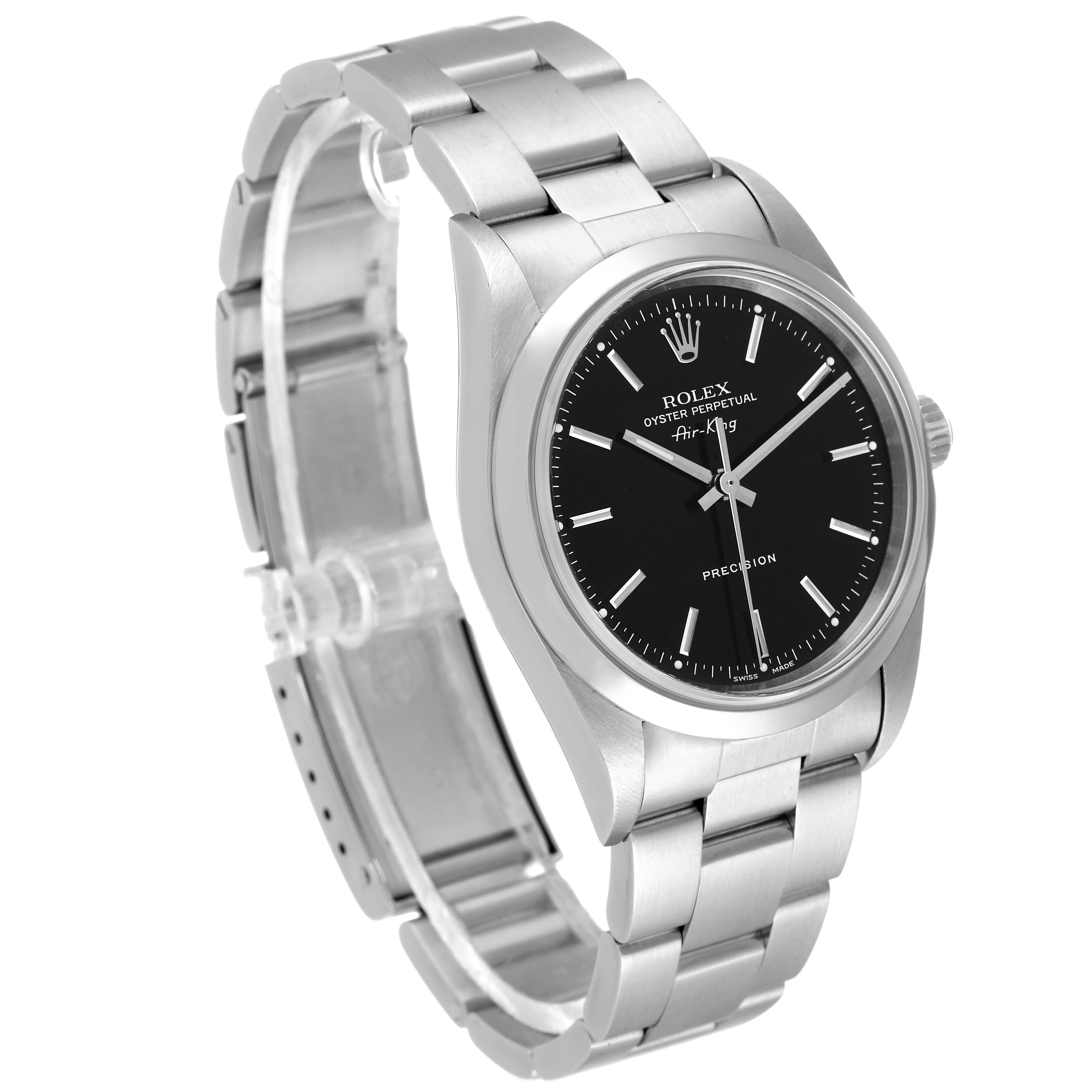 The image shows a Rolex Air-King 14000 Men's Stainless Steel Black Dial 14000 Men's Stainless Steel Black Dial watch at a three-quarter angle, highlighting its black dial, bezel, and stainless steel bracelet.