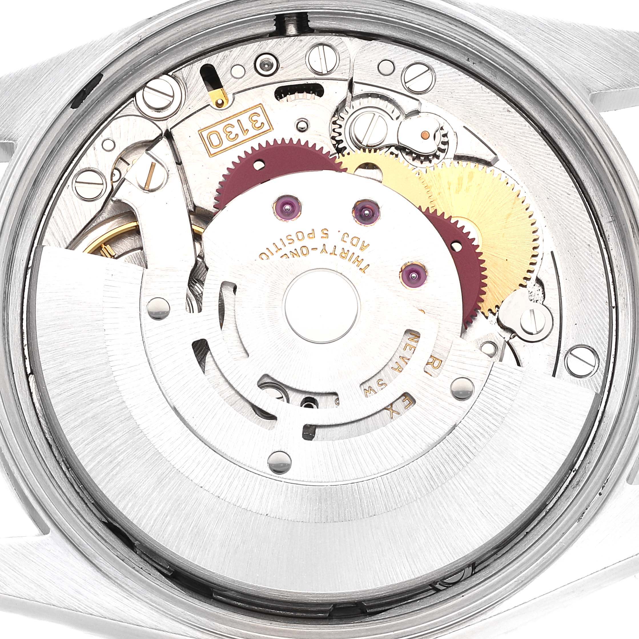 The image shows the internal mechanism of a Rolex Air-King 14000 Men's Stainless Steel Black Dial 14000 Men's Stainless Steel Black Dial watch, highlighting its gears and movement components from a top-down angle.