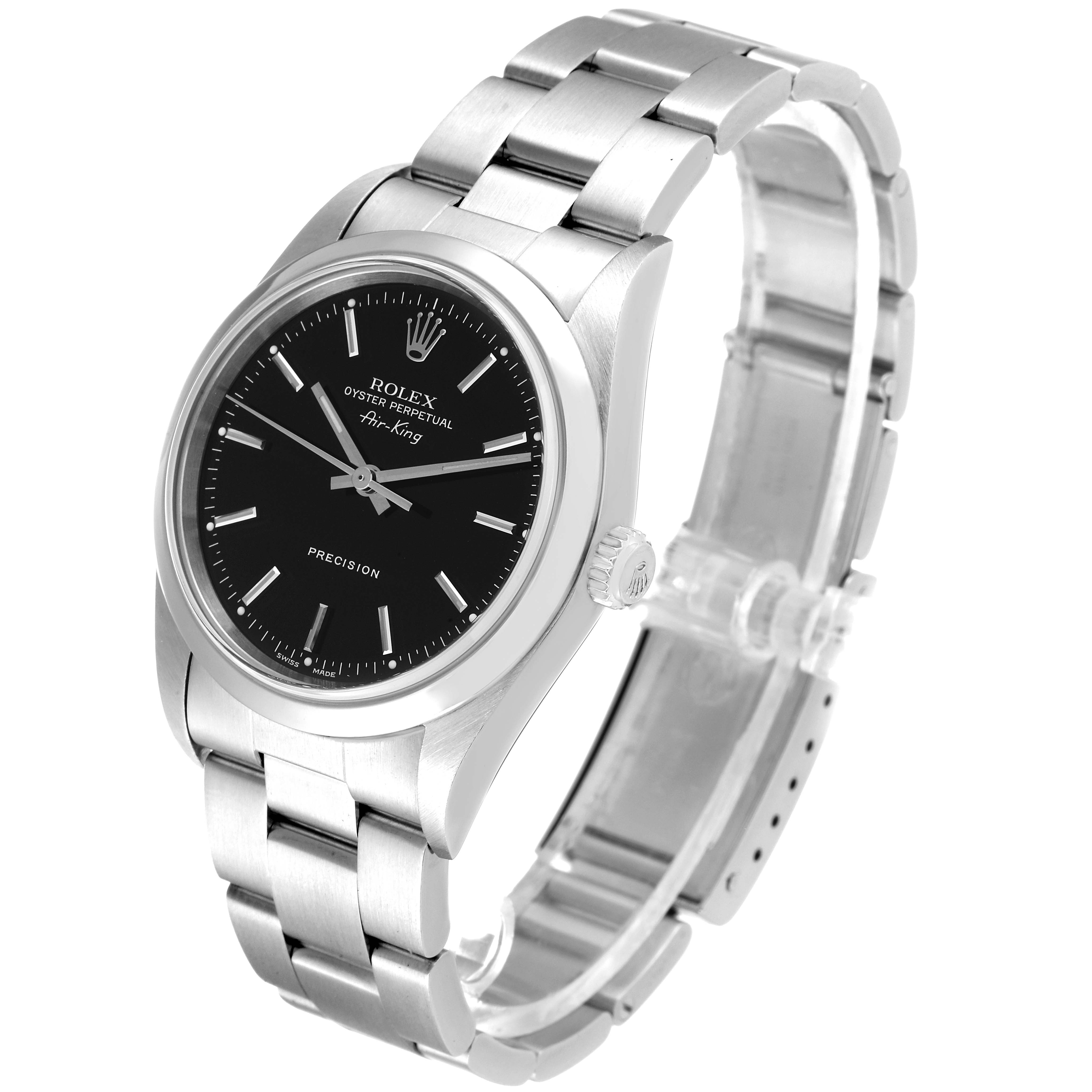 The image shows a Rolex Air-King 14000 Men's Stainless Steel Black Dial 14000 Men's Stainless Steel Black Dial watch at a three-quarter angle, highlighting the face, bezel, crown, and part of the bracelet.
