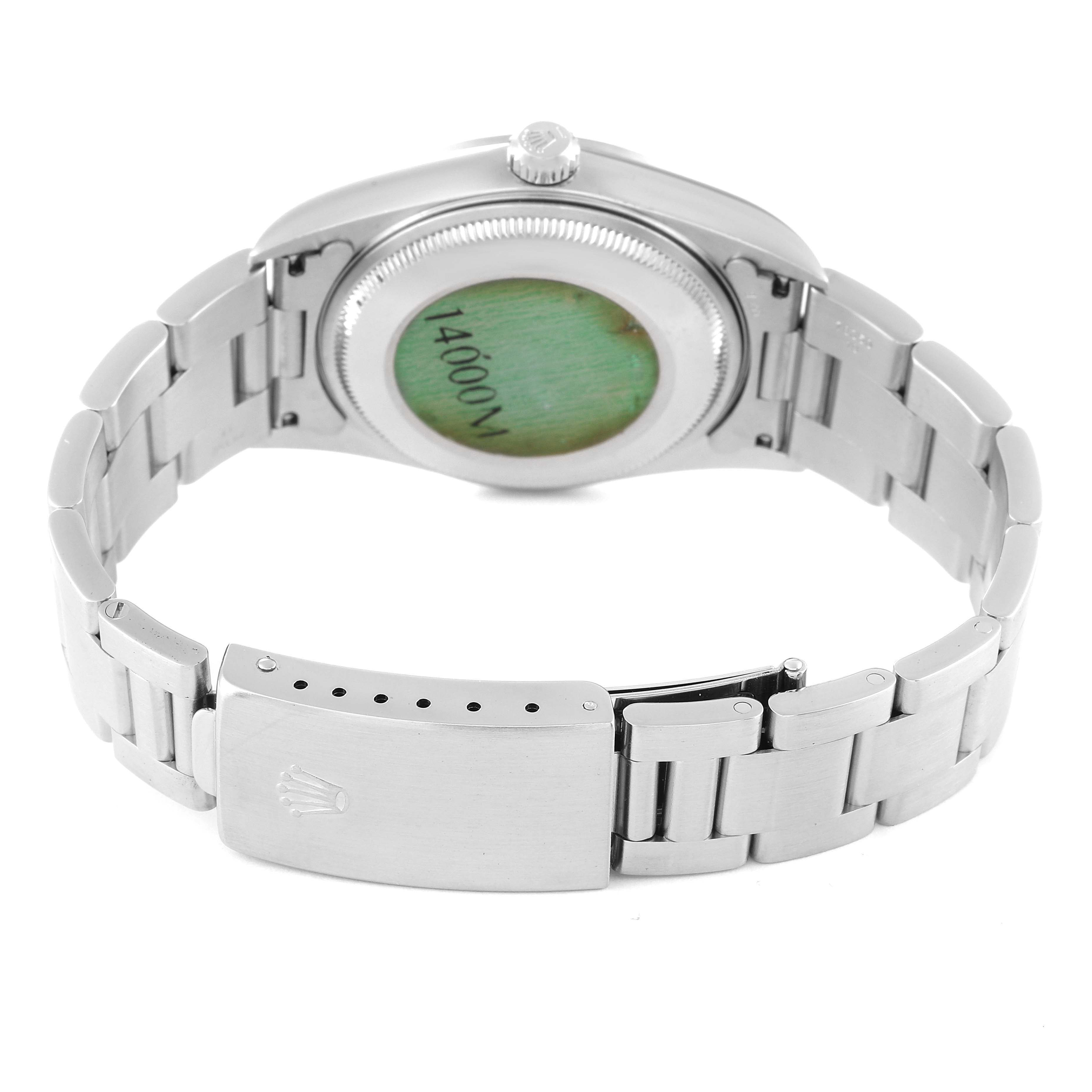 The image shows the back view of a Rolex Air-King 14000 Men's Stainless Steel Black Dial 14000 Men's Stainless Steel Black Dial watch, highlighting the bracelet and clasp.