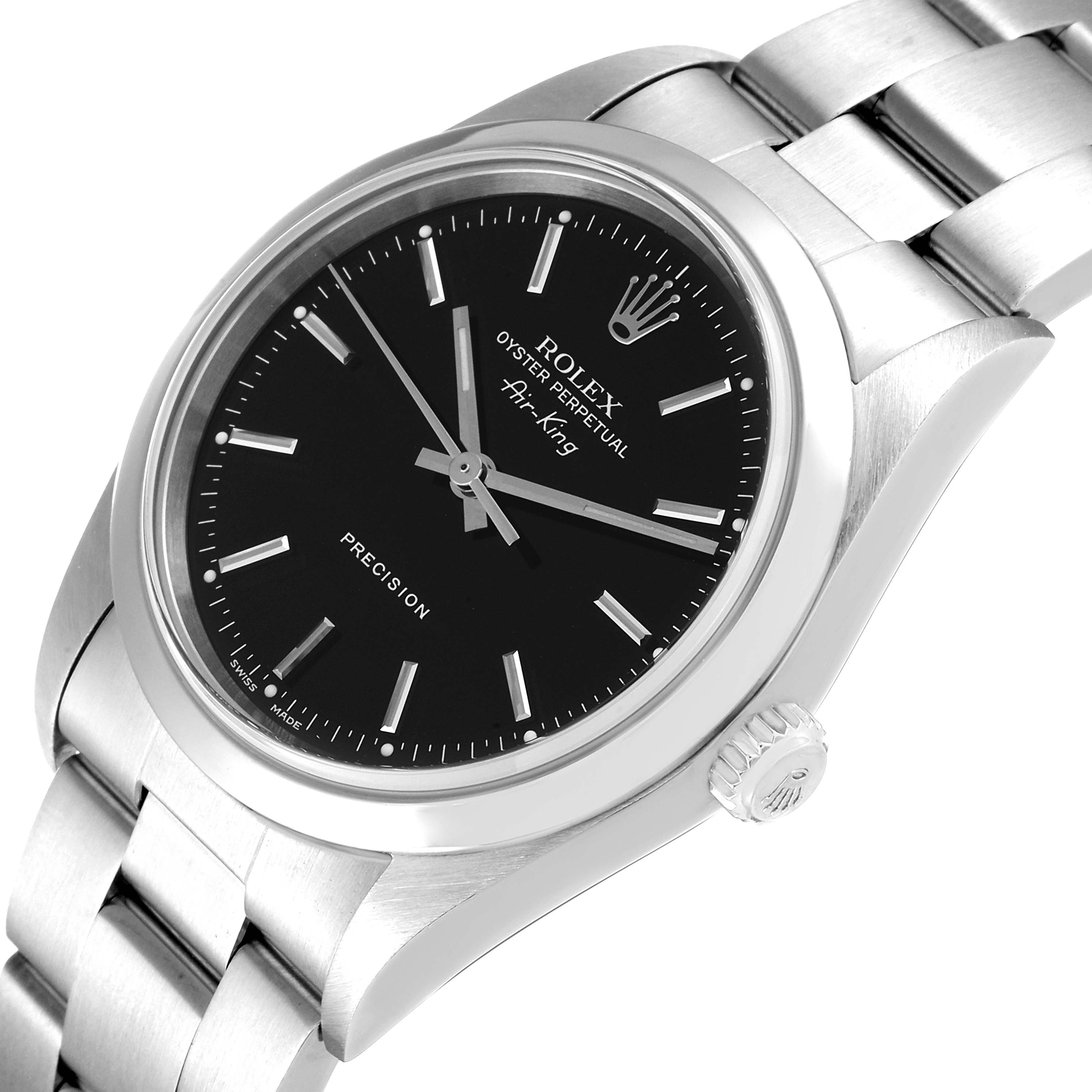 The Rolex Air-King 14000 Men's Stainless Steel Black Dial 14000 Men's Stainless Steel Black Dial watch is shown at an angle displaying the face, bezel, crown, and part of the bracelet.
