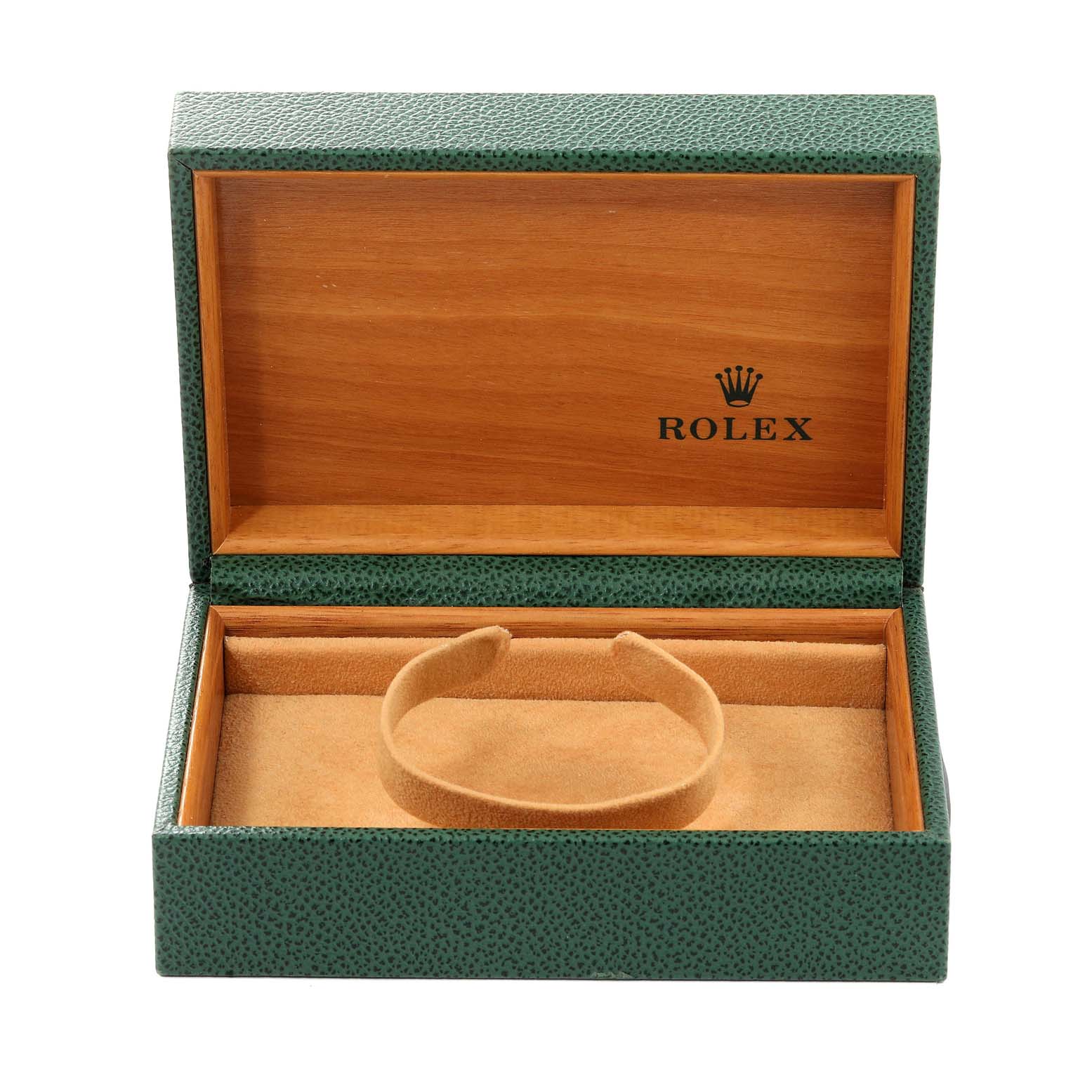 The image depicts an open green Rolex watch box for the Air-King model, showing the inner cushion and wooden interior with the Rolex logo.