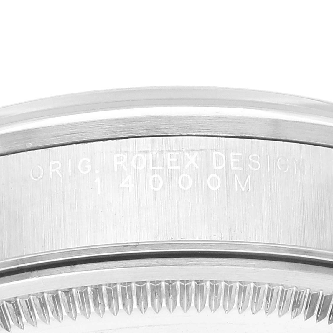 This image shows the engraved side and the fluted bezel of the Rolex Air-King 14000 Men's Stainless Steel Black Dial 14000 Men's Stainless Steel Black Dial watch.