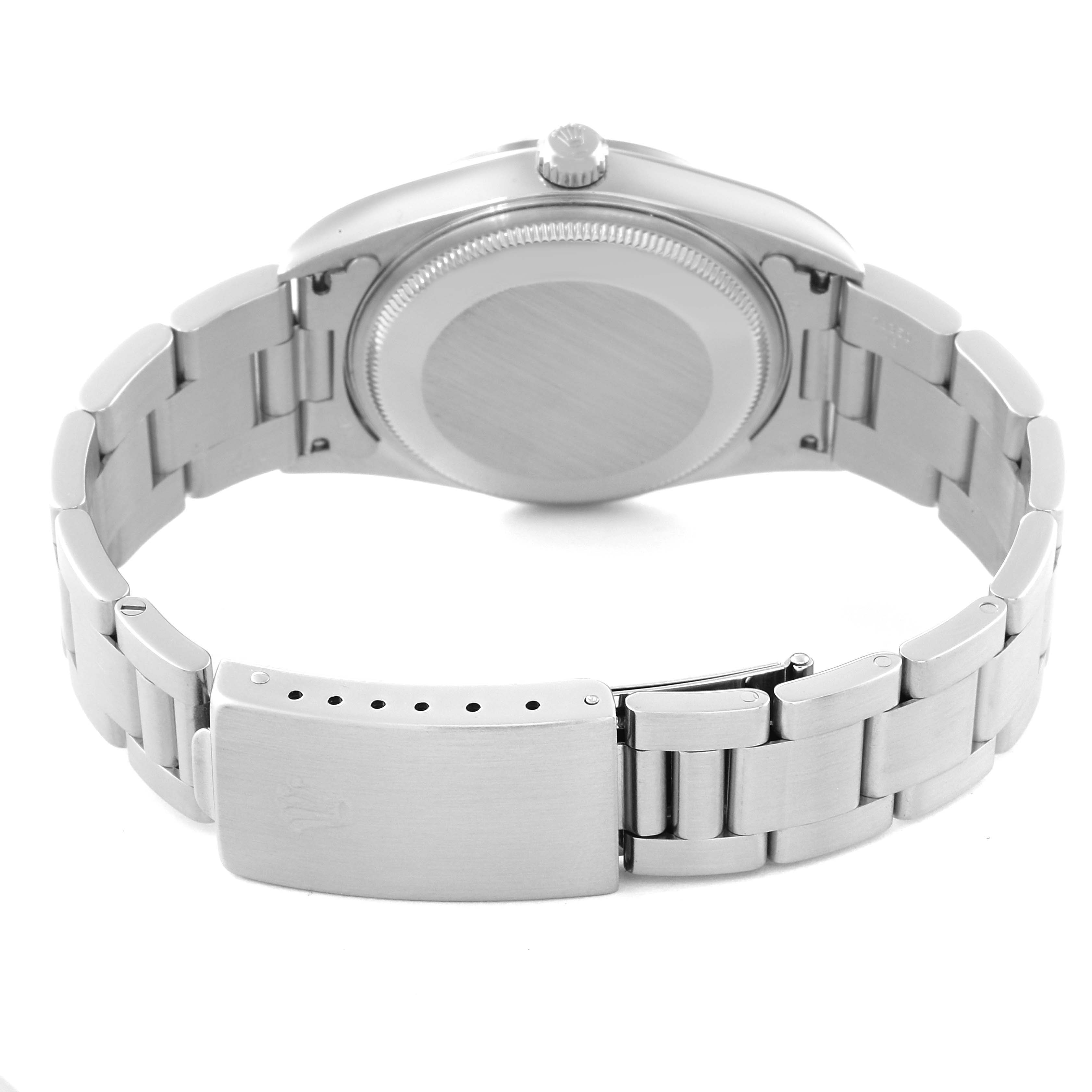 The image shows the back angle of a Rolex Air-King 14000 Men's Stainless Steel Silver Dial 14000 Men's Stainless Steel Silver Dial watch, highlighting its case, crown, and metal bracelet with the clasp open.