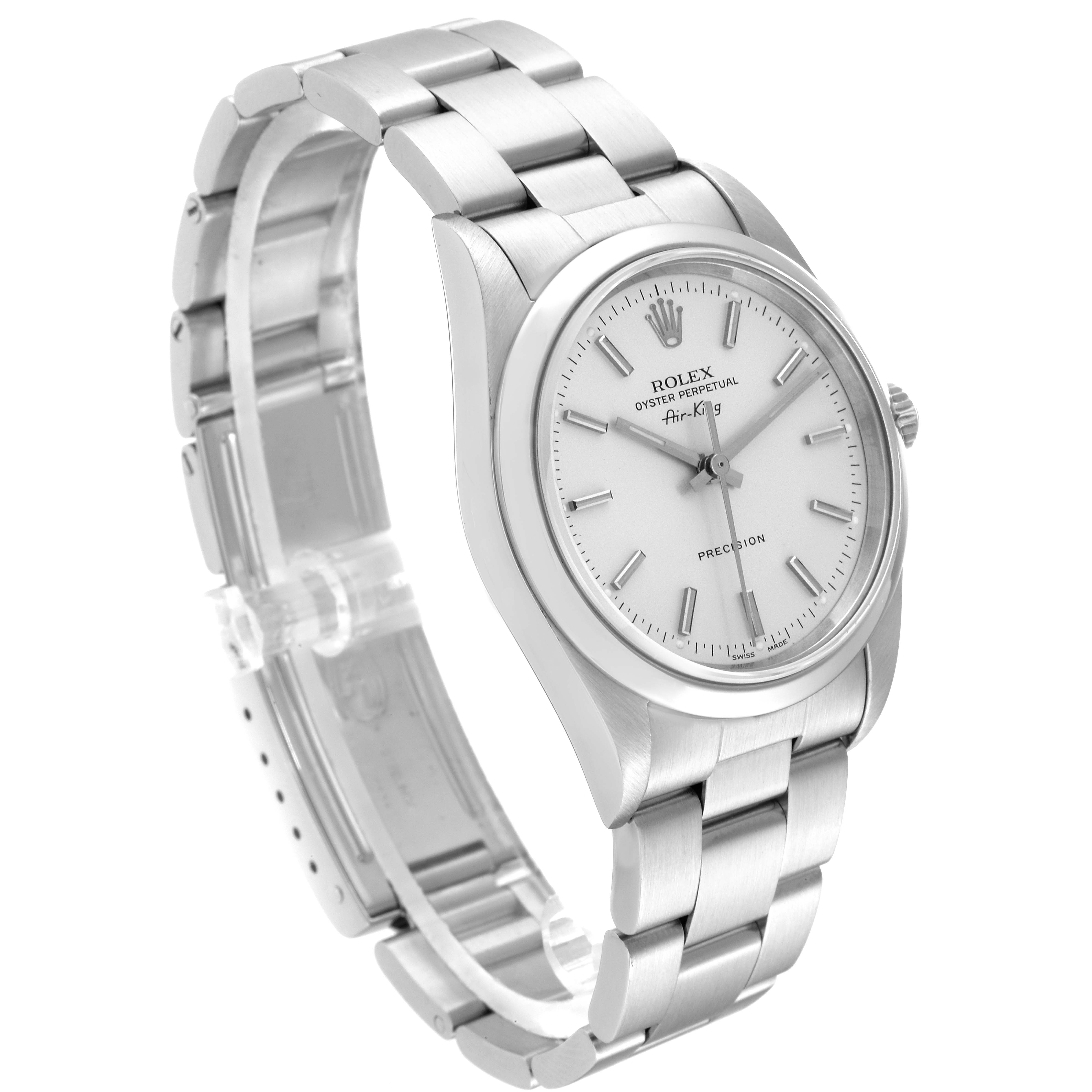 The Rolex Air-King 14000 Men's Stainless Steel Silver Dial 14000 Men's Stainless Steel Silver Dial watch is shown at a side angle, displaying the face, bezel, and bracelet.