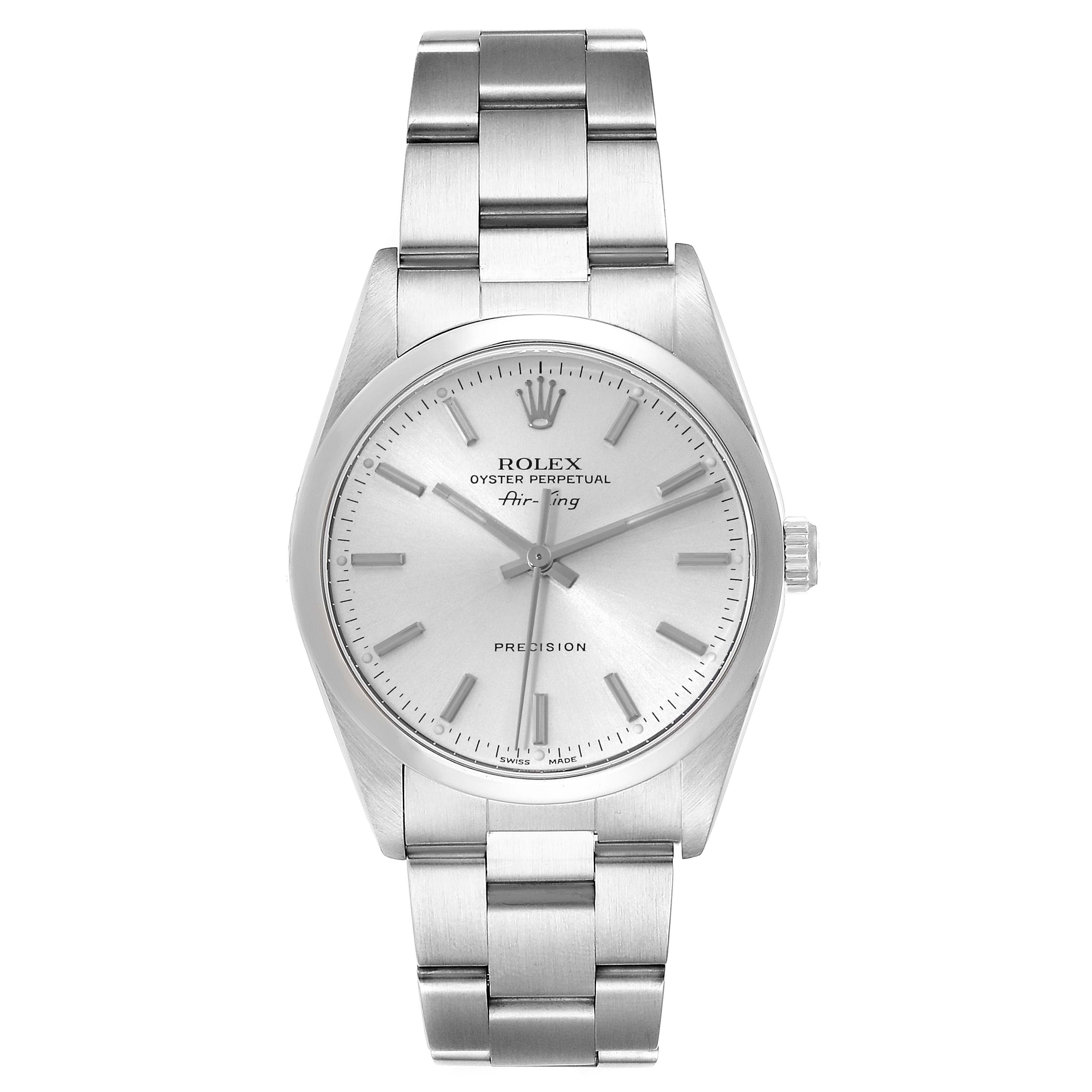 The Rolex Air-King 14000 Men's Stainless Steel Silver Dial 14000 Men's Stainless Steel Silver Dial watch is shown from a front angle, displaying its face, case, and stainless steel bracelet.